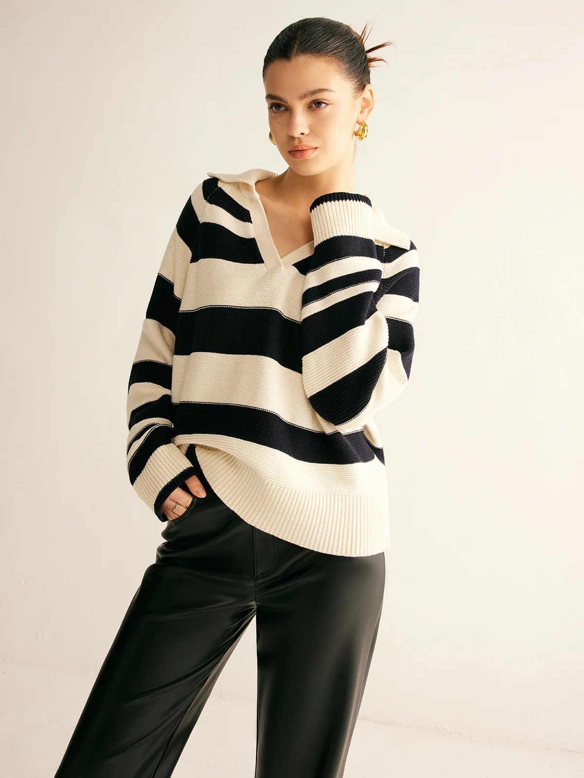 V-Neck Two-Tone Striped Polo Sweater - Image 6