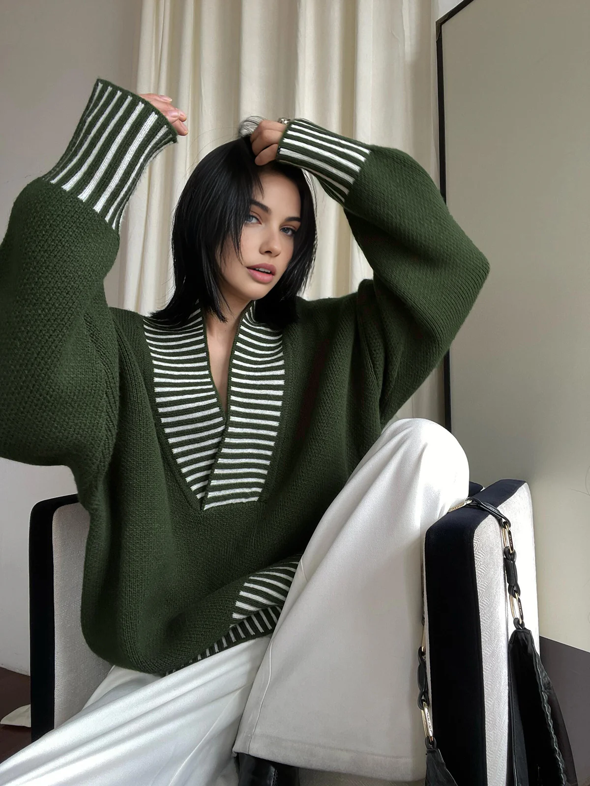 V-Neck Two-Tone Striped Sweater - Image 3
