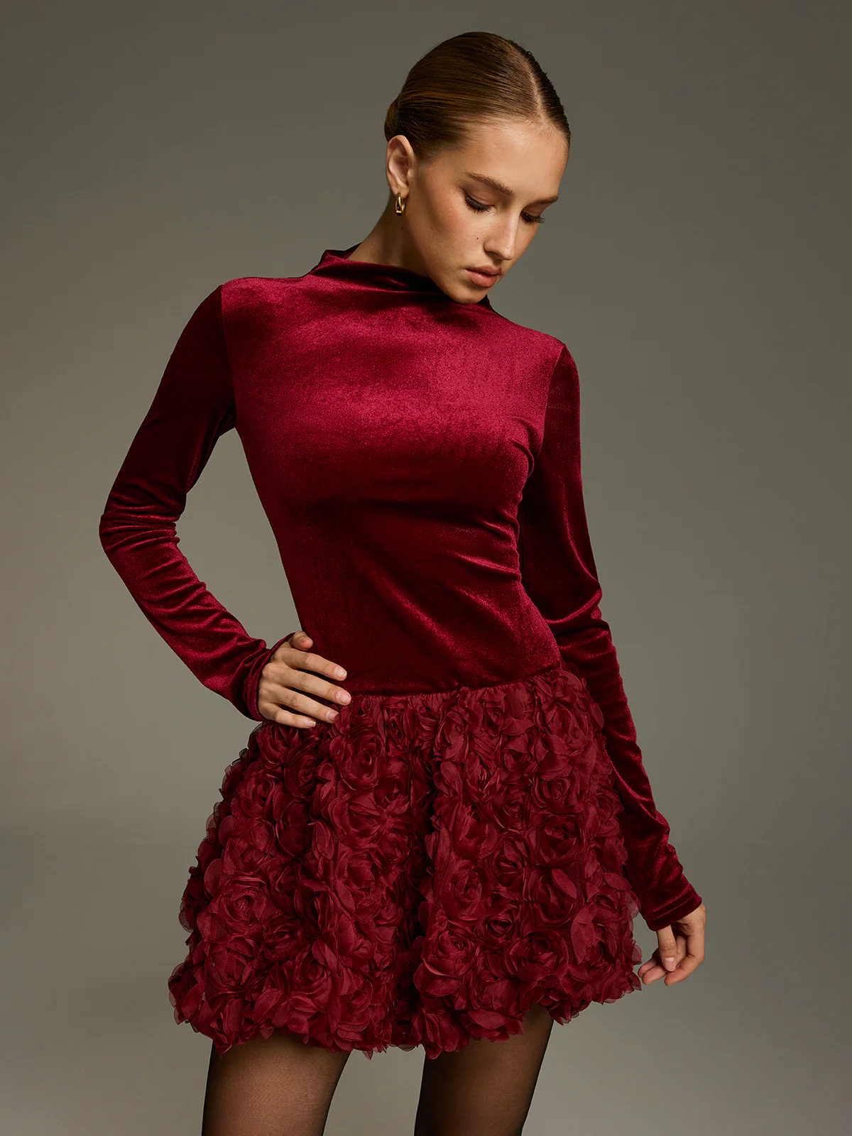 Velvet 3D Rose Ruffle Mini Dress - Image 3