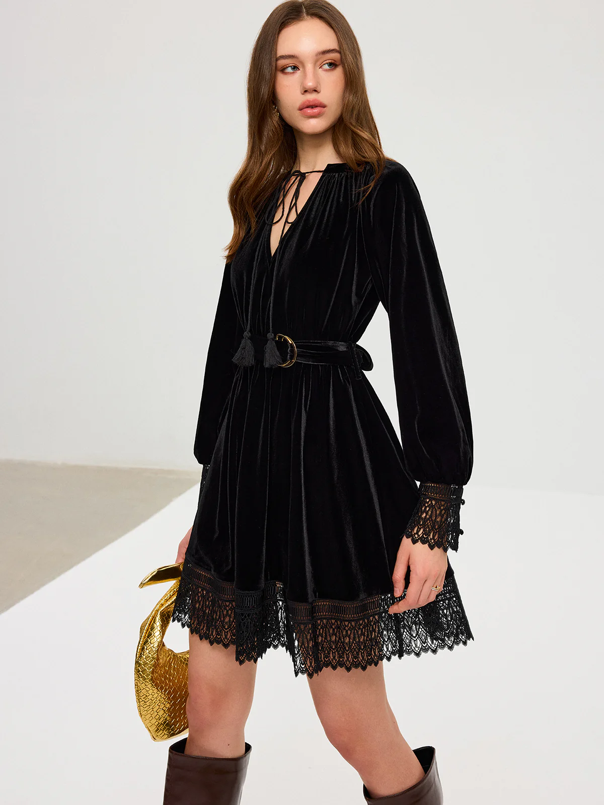 Velvet Belted Lace Trim Mini Dress