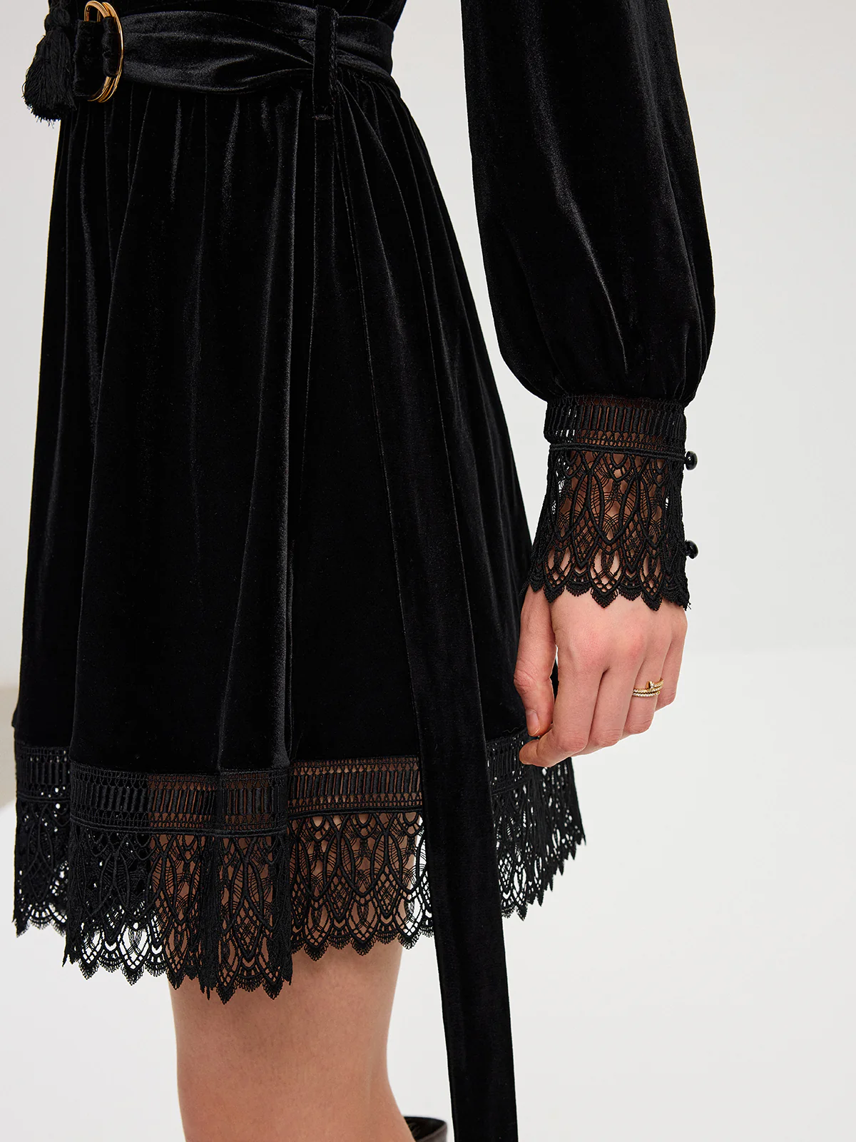 Velvet Belted Lace Trim Mini Dress - Image 6