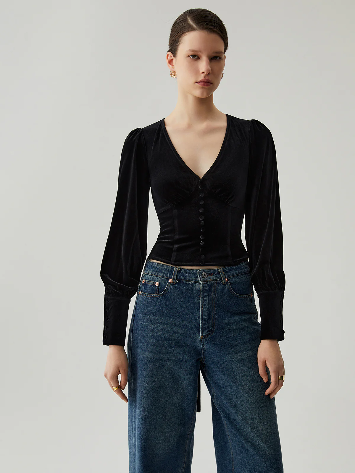Velvet Buttoned V-neck Long Sleeve Crop Top - Image 2