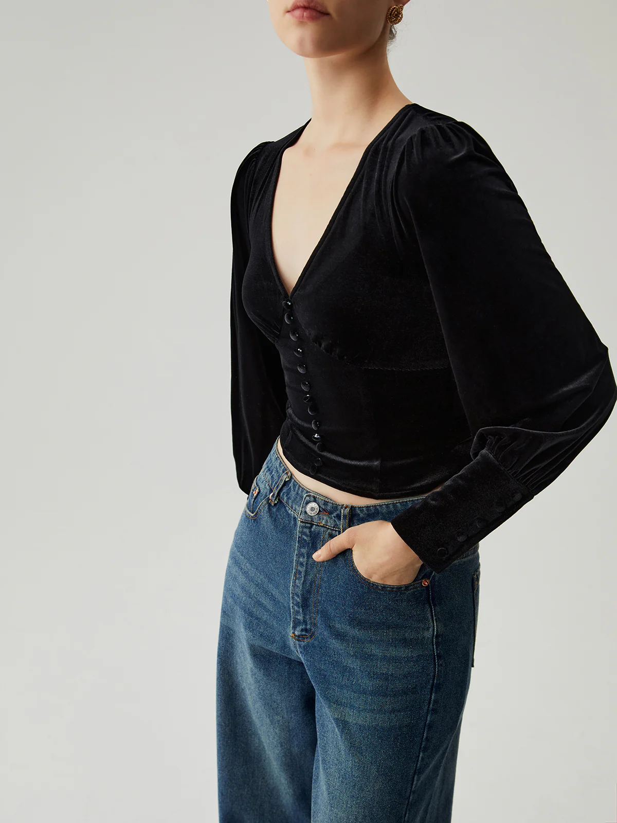Velvet Buttoned V-neck Long Sleeve Crop Top - Image 3
