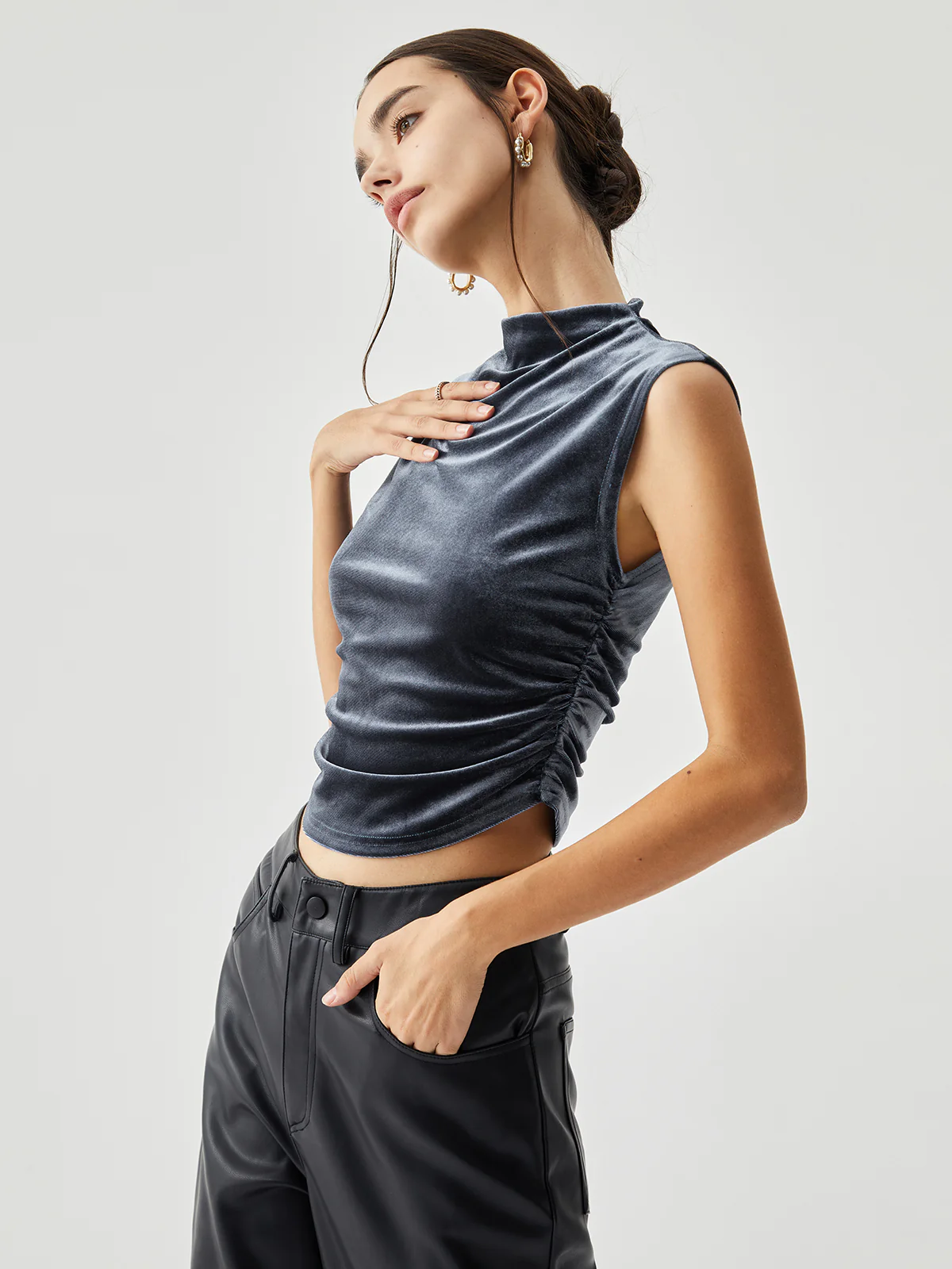 Velvet Draped Mock Neck Sleeveless Crop Top - Image 6