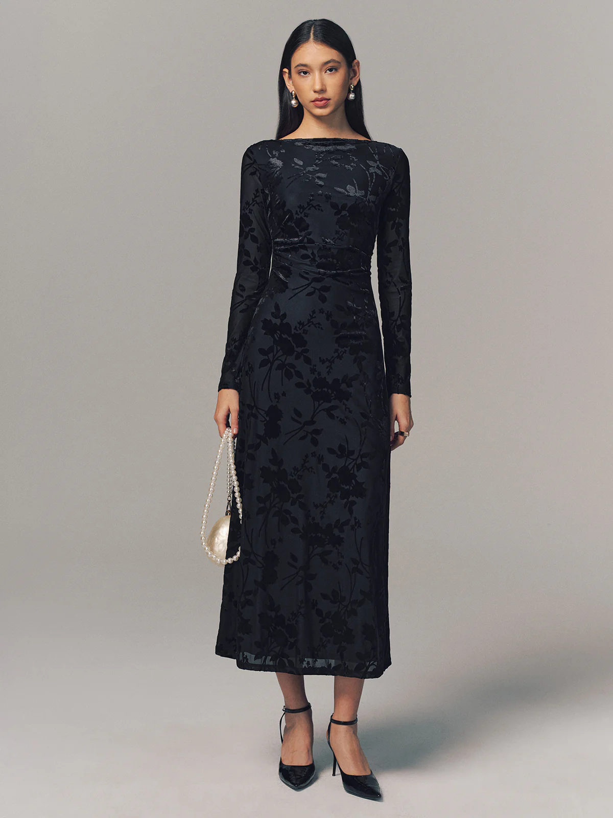 Velvet Floral Long Sleeve Backless Maxi Dress - Image 2