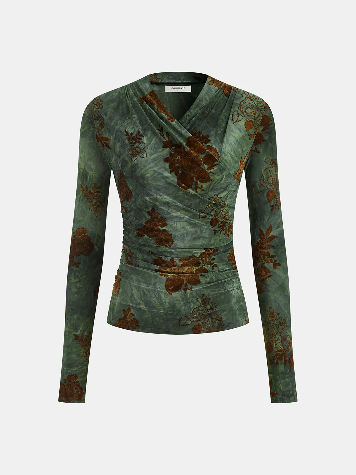 Velvet-Floral Ruched Long-Sleeve Top