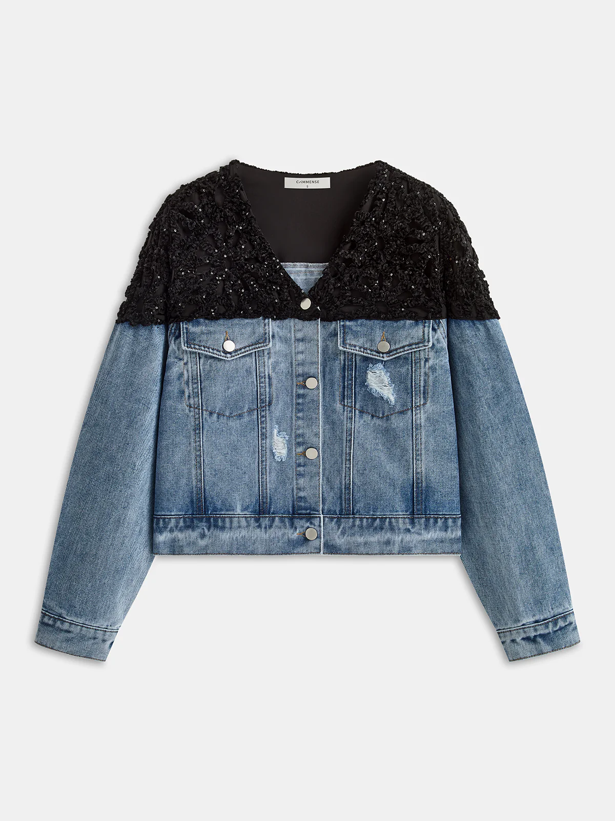 Velvet Jacquard Paneled Denim Jacket