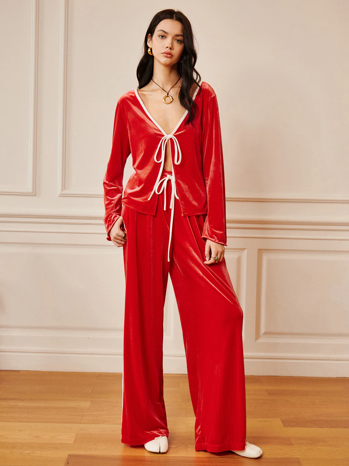 Velvet Lace Up Draped Pants Set - Image 4