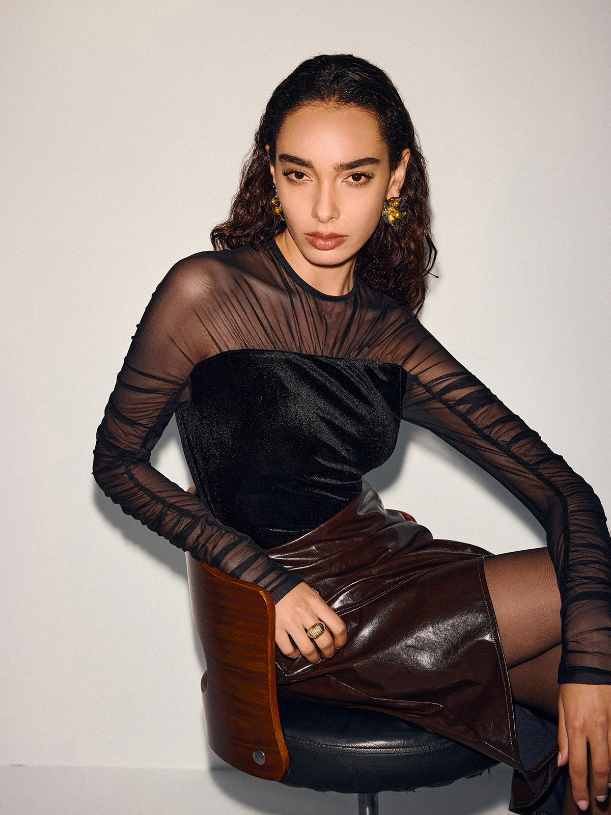 Velvet-Mesh Panel Long-Sleeve Top