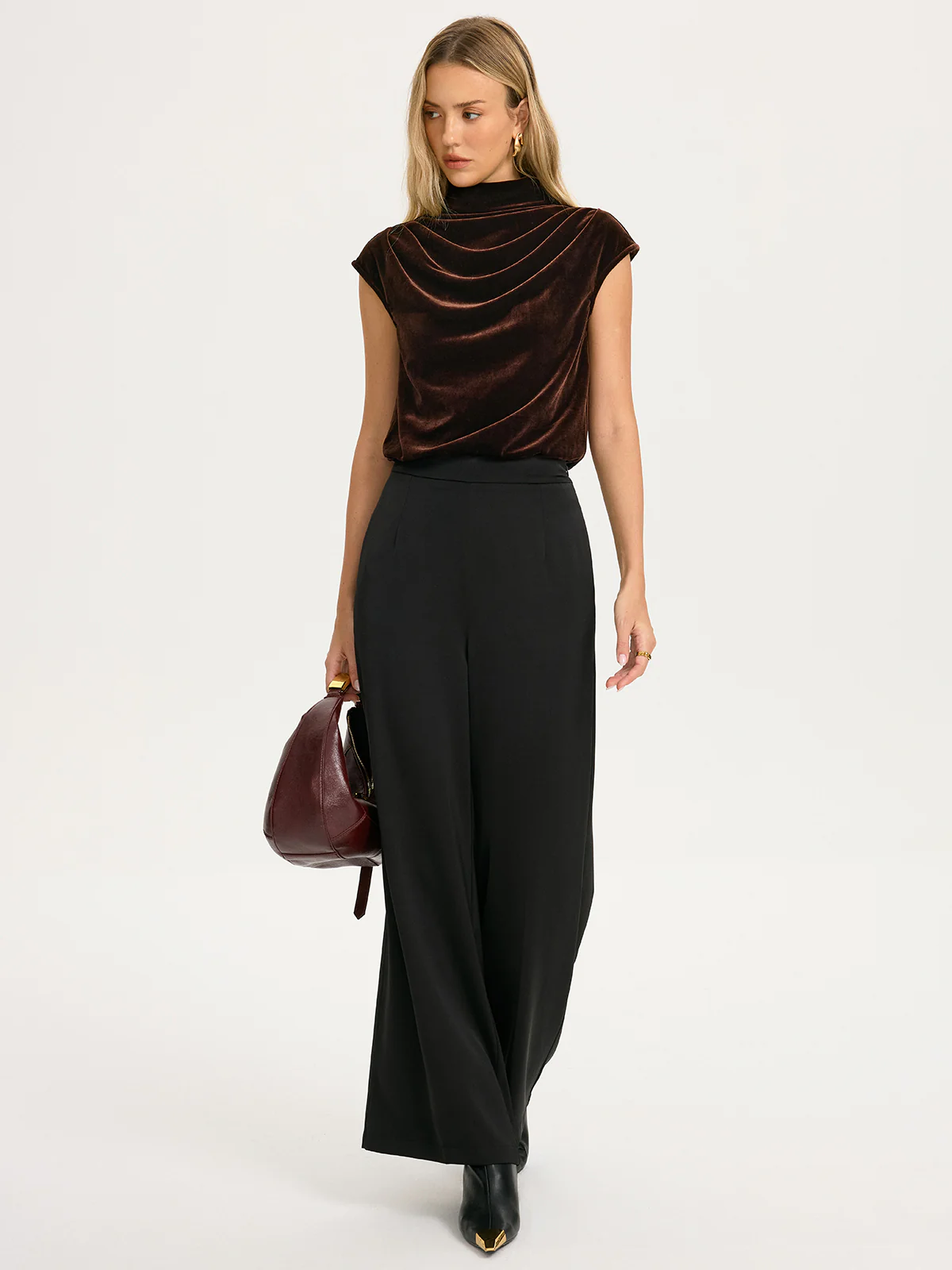 Velvet Mock-Neck Draped Cap-Sleeve Crop Top - Image 5