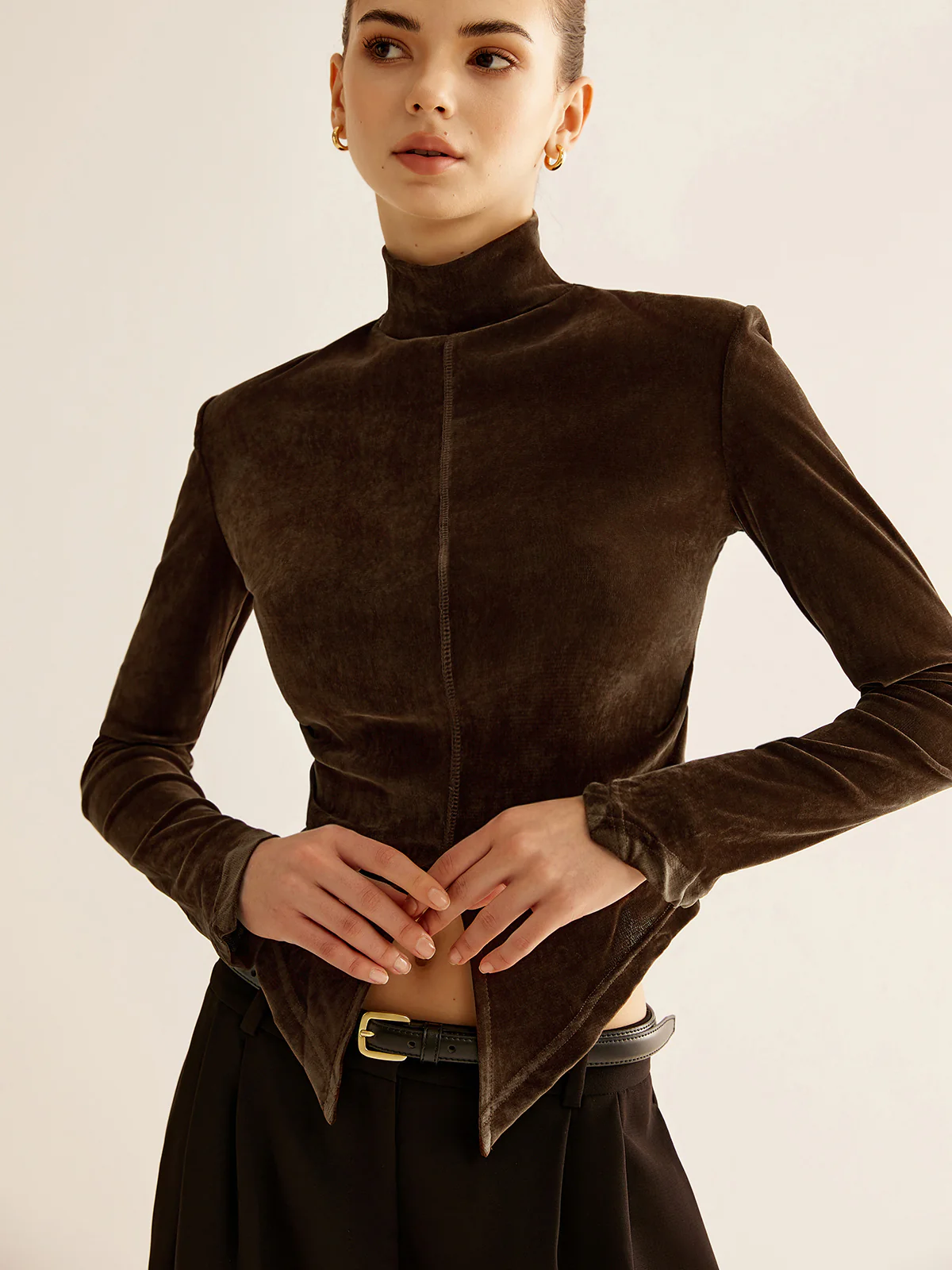 Velvet Mock-Neck Slit T-Shirt - Image 2