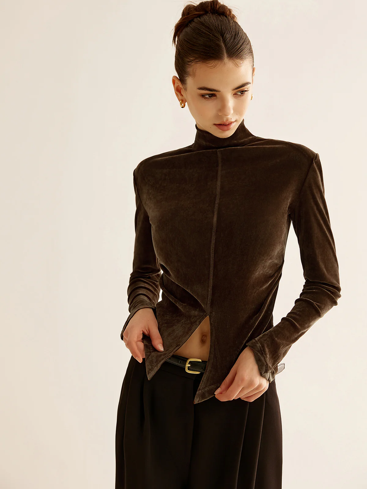 Velvet Mock-Neck Slit T-Shirt - Image 3