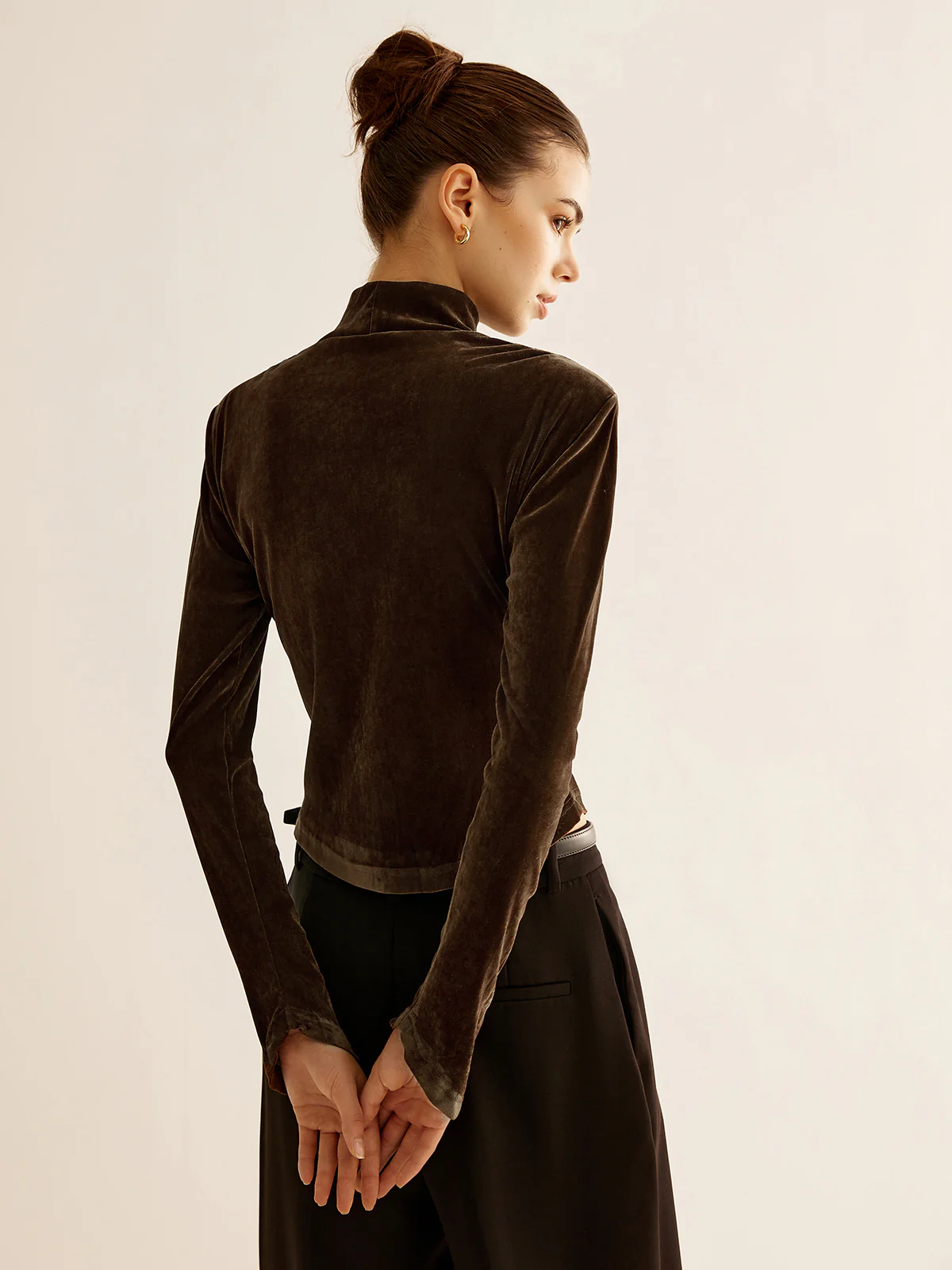 Velvet Mock-Neck Slit T-Shirt - Image 5