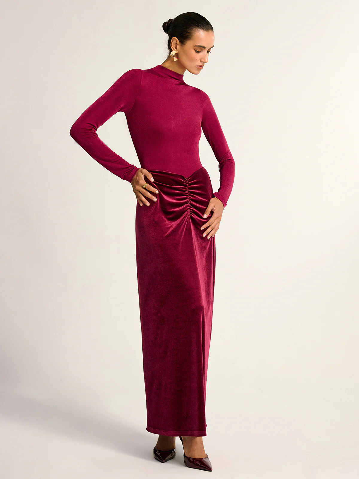 Velvet Panel Mock Neck Backless Maxi Dress - Image 2
