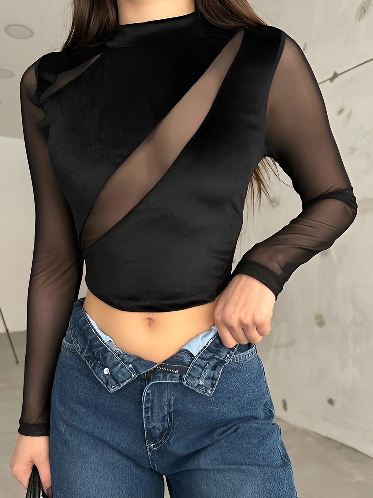 Velvet Panel Sheer Crop T-Shirt - Image 4
