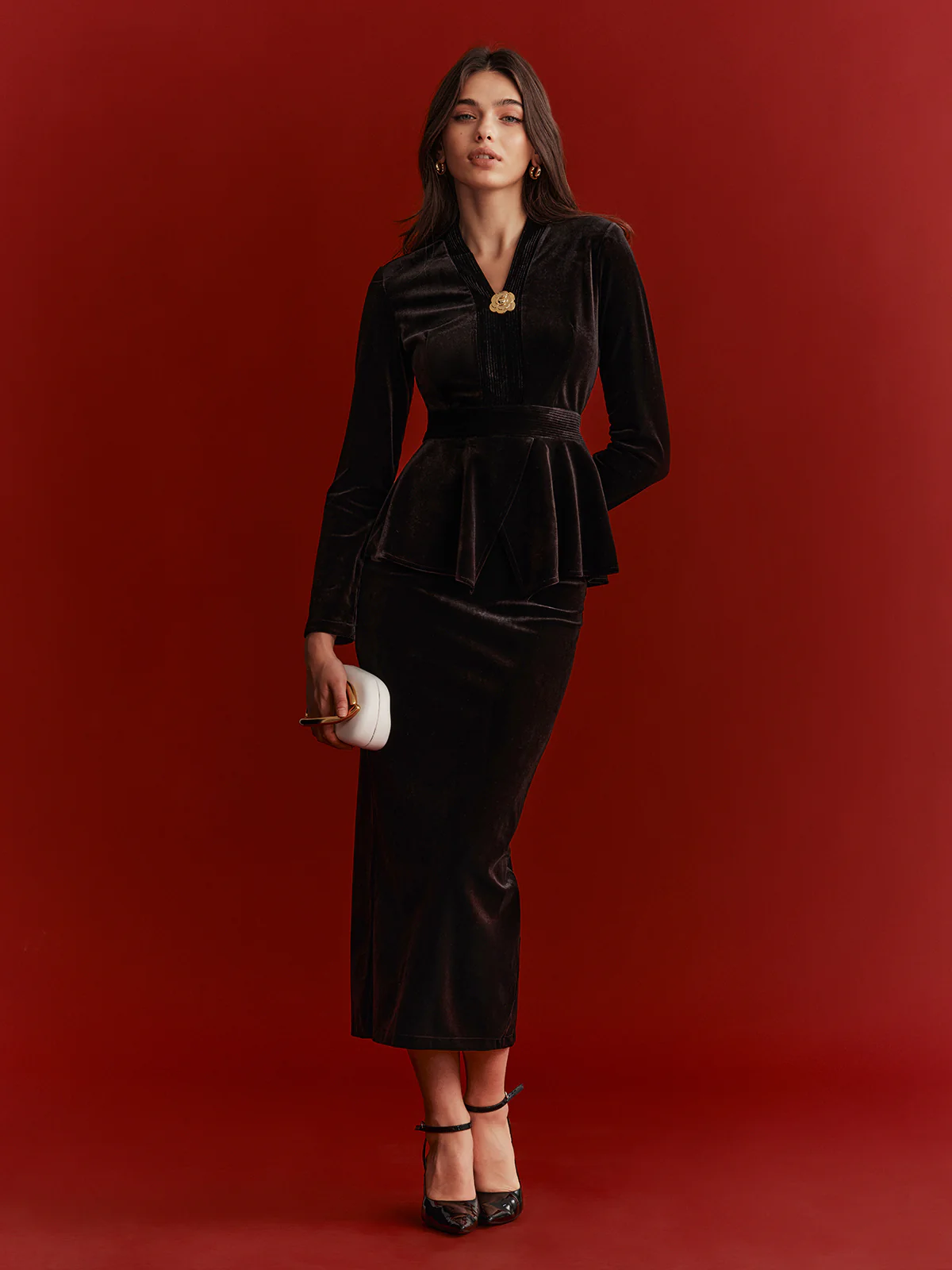 Velvet Peplum Top and Midi Skirt Set - Image 2