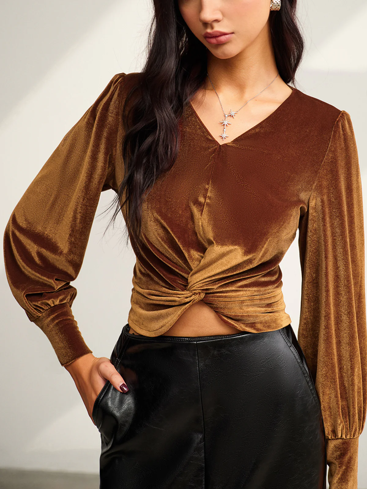 Velvet Pleated Slim Blouse - Image 5