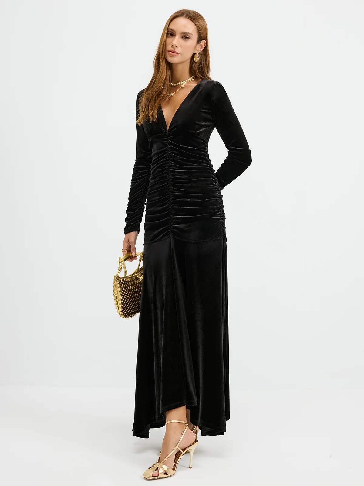 Velvet Ruched Plunge Maxi Dress - Image 2