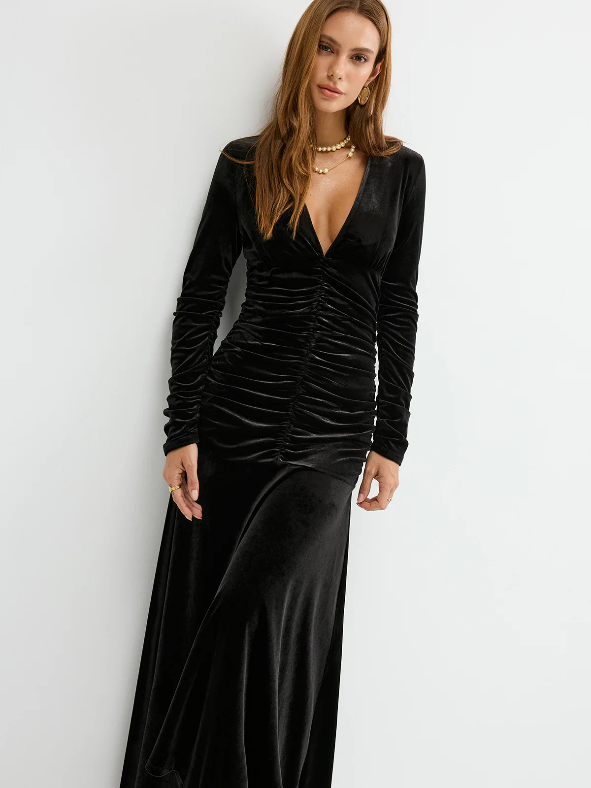 Velvet Ruched Plunge Maxi Dress - Image 5