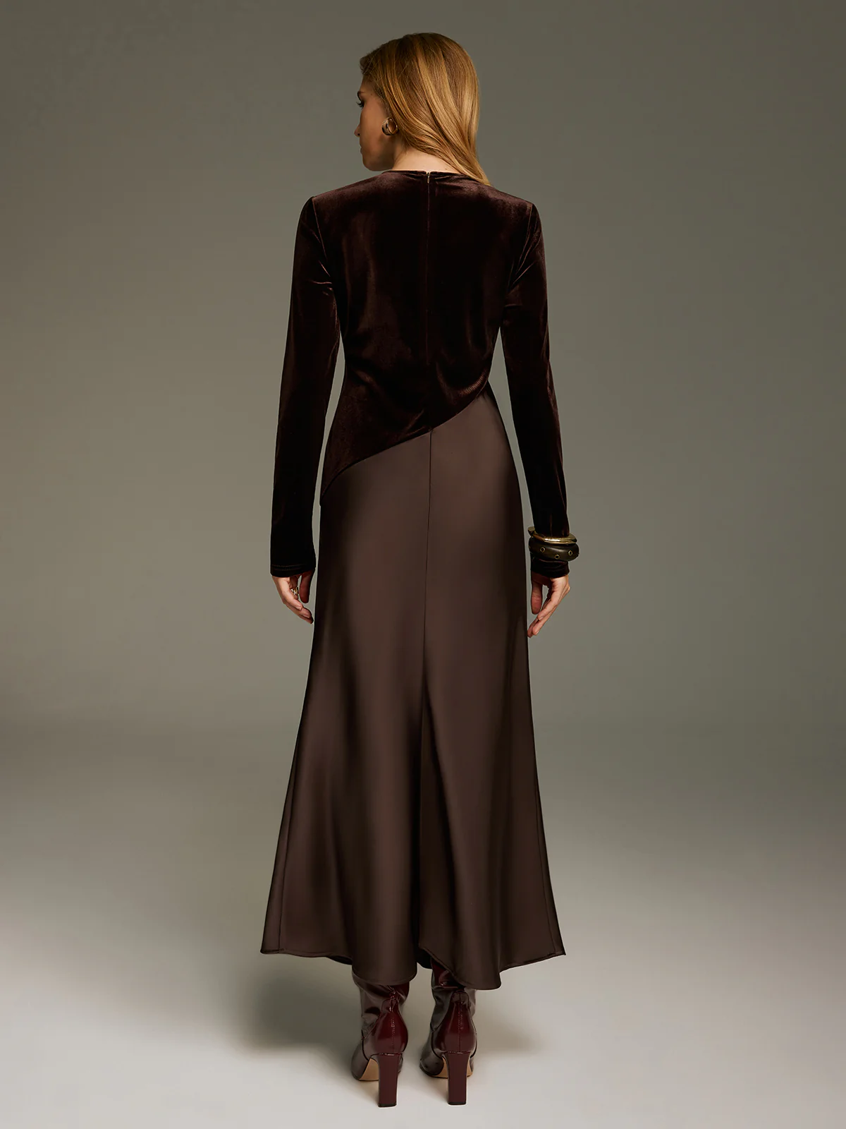 Velvet & Satin Paneled Long Sleeve Maxi Dress - Image 4