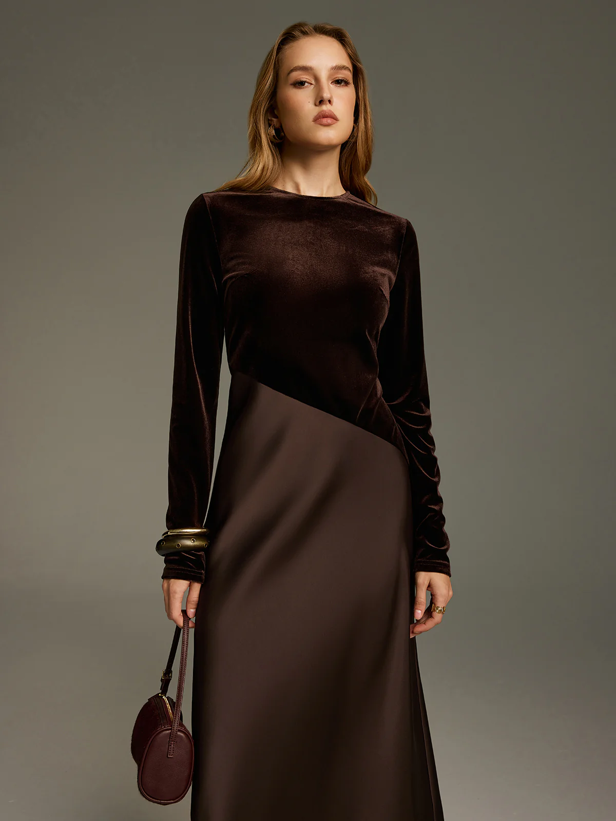Velvet & Satin Paneled Long Sleeve Maxi Dress - Image 5
