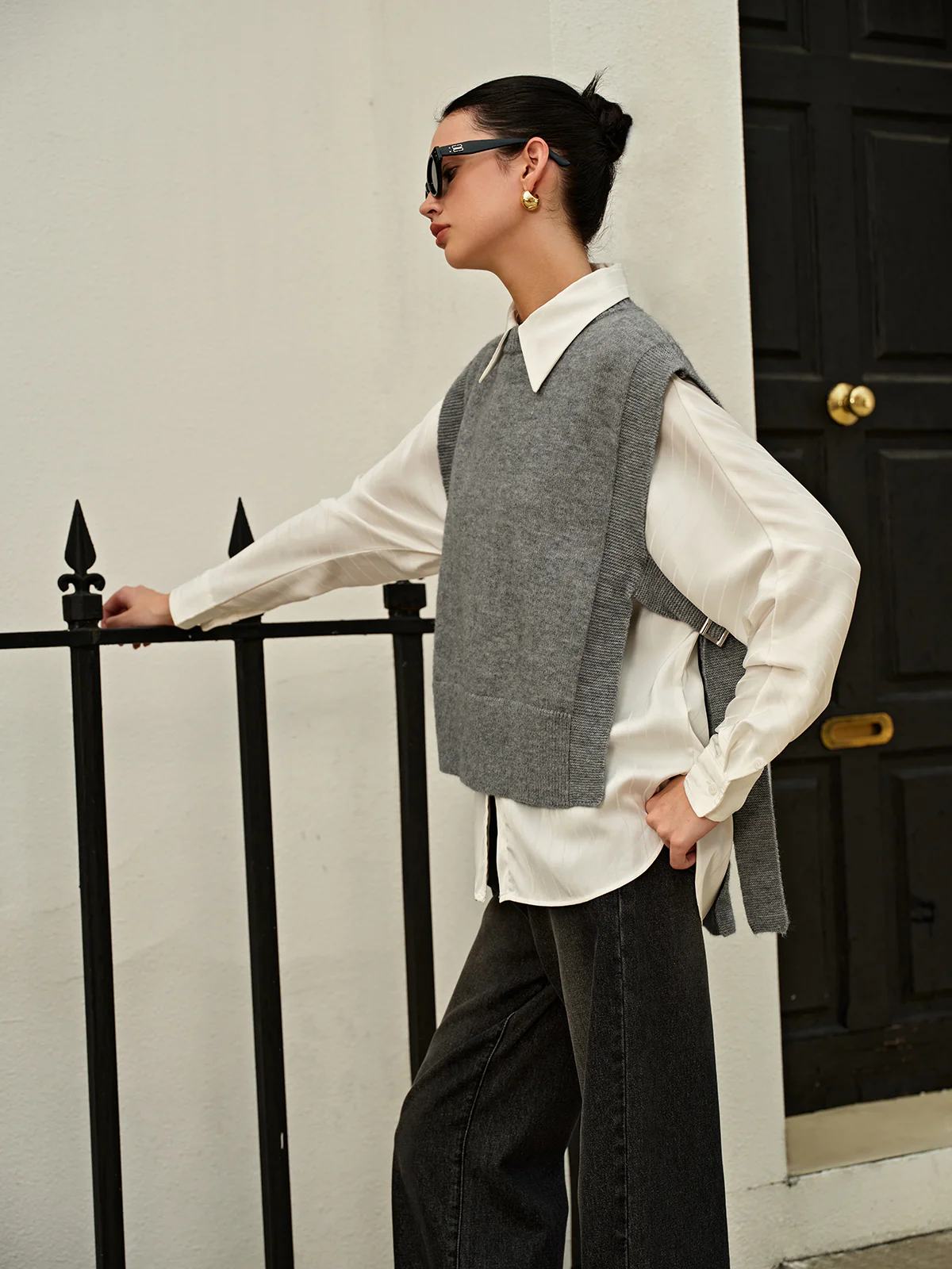 Versatile Side Buckle Belt Sweater Vest - Image 2