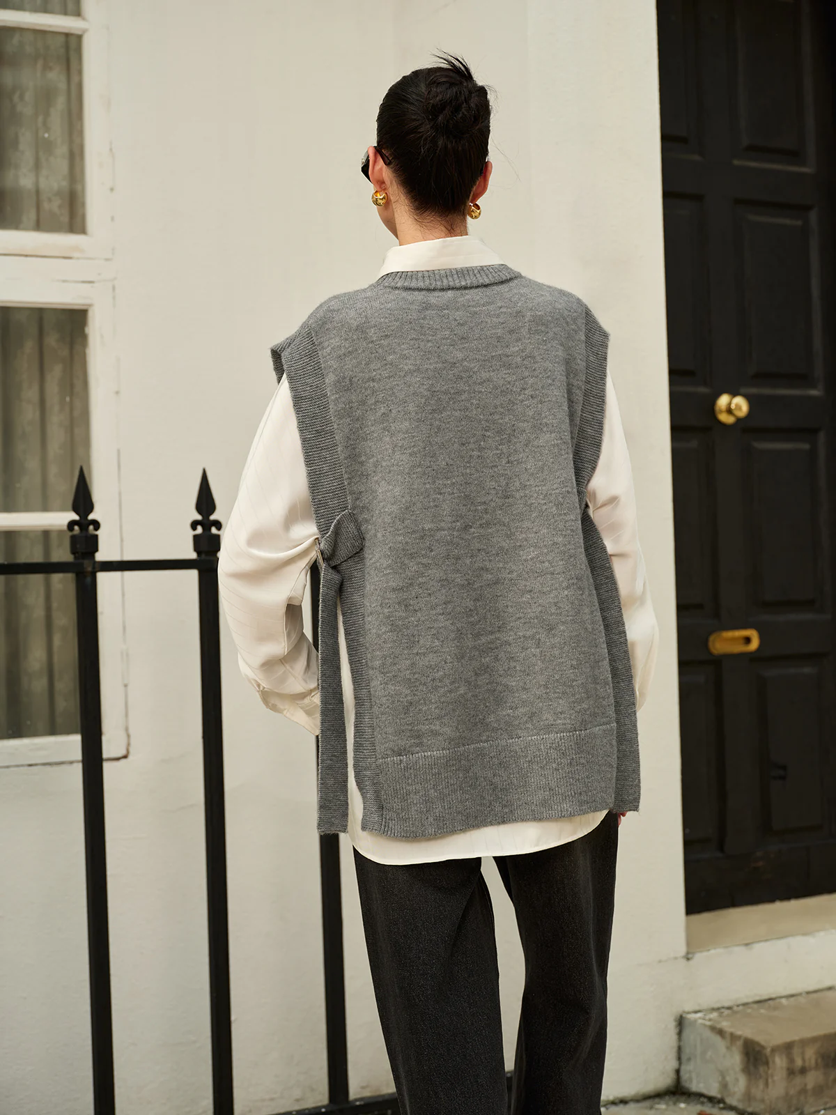 Versatile Side Buckle Belt Sweater Vest - Image 5