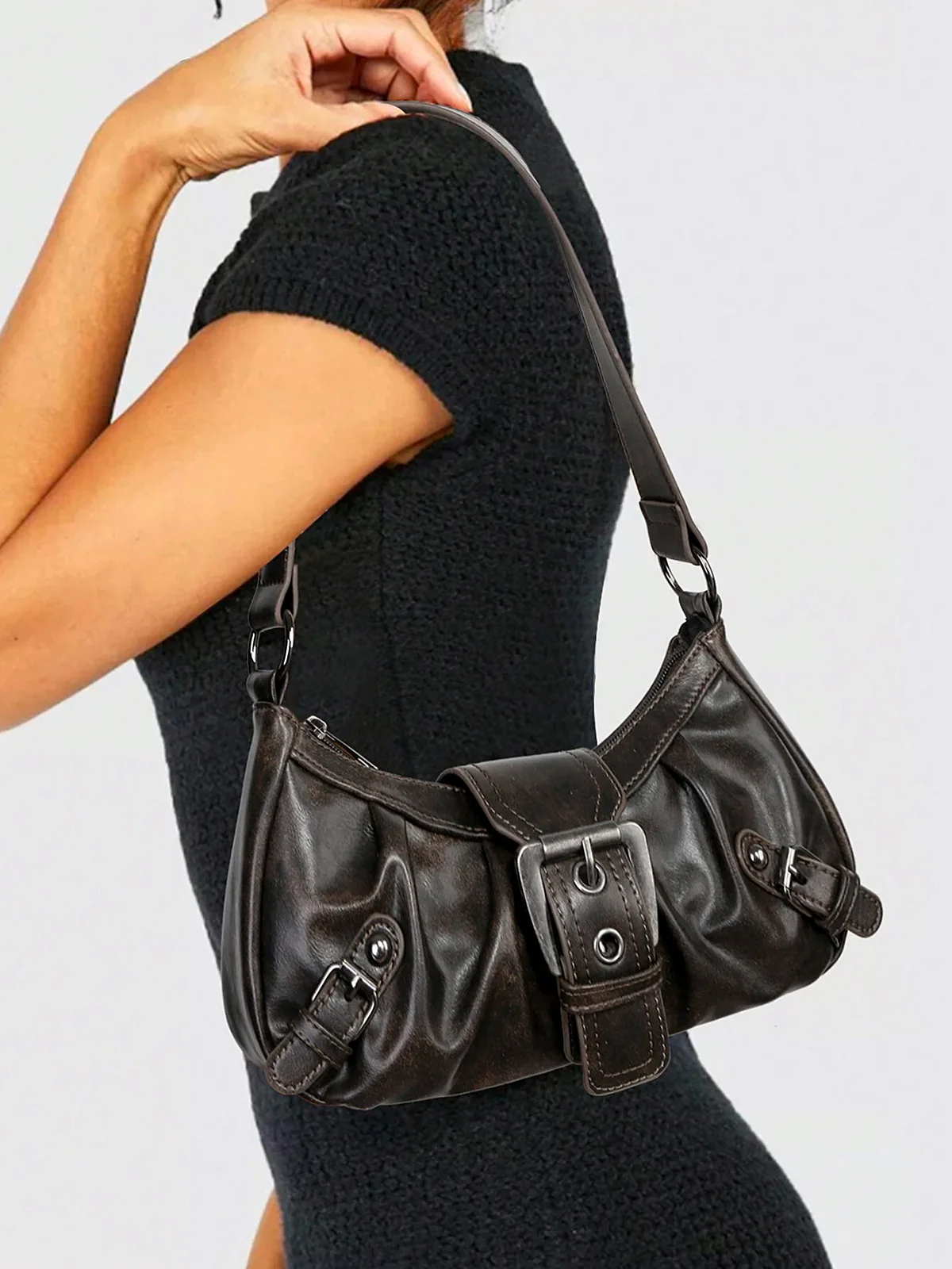 Vintage Faux Leather Buckle-Accent Hobo Bag - Image 2