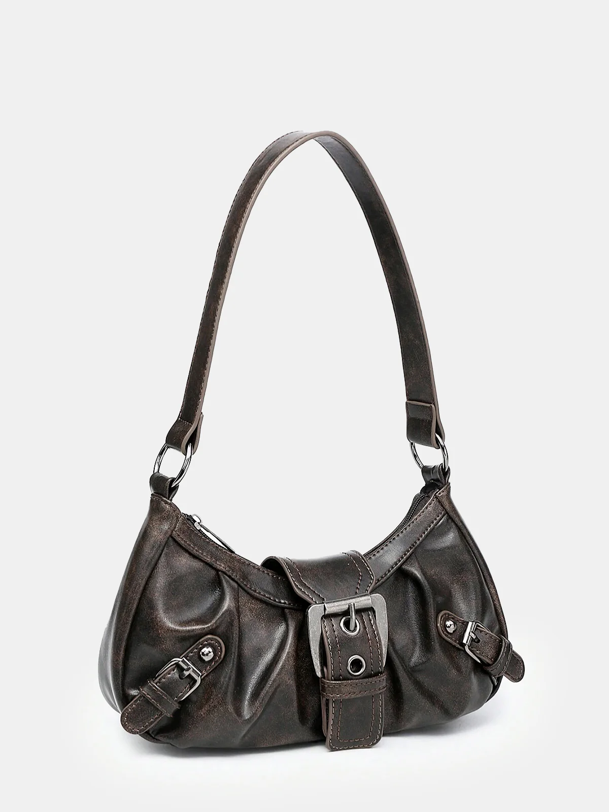 Vintage Faux Leather Buckle-Accent Hobo Bag - Image 3