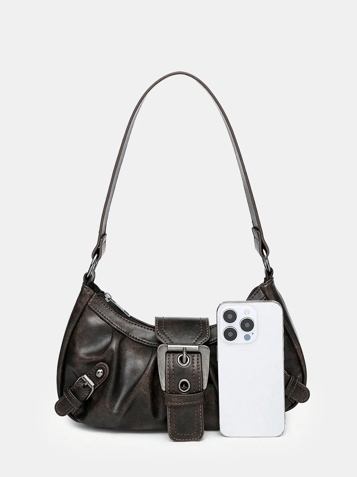 Vintage Faux Leather Buckle-Accent Hobo Bag - Image 4