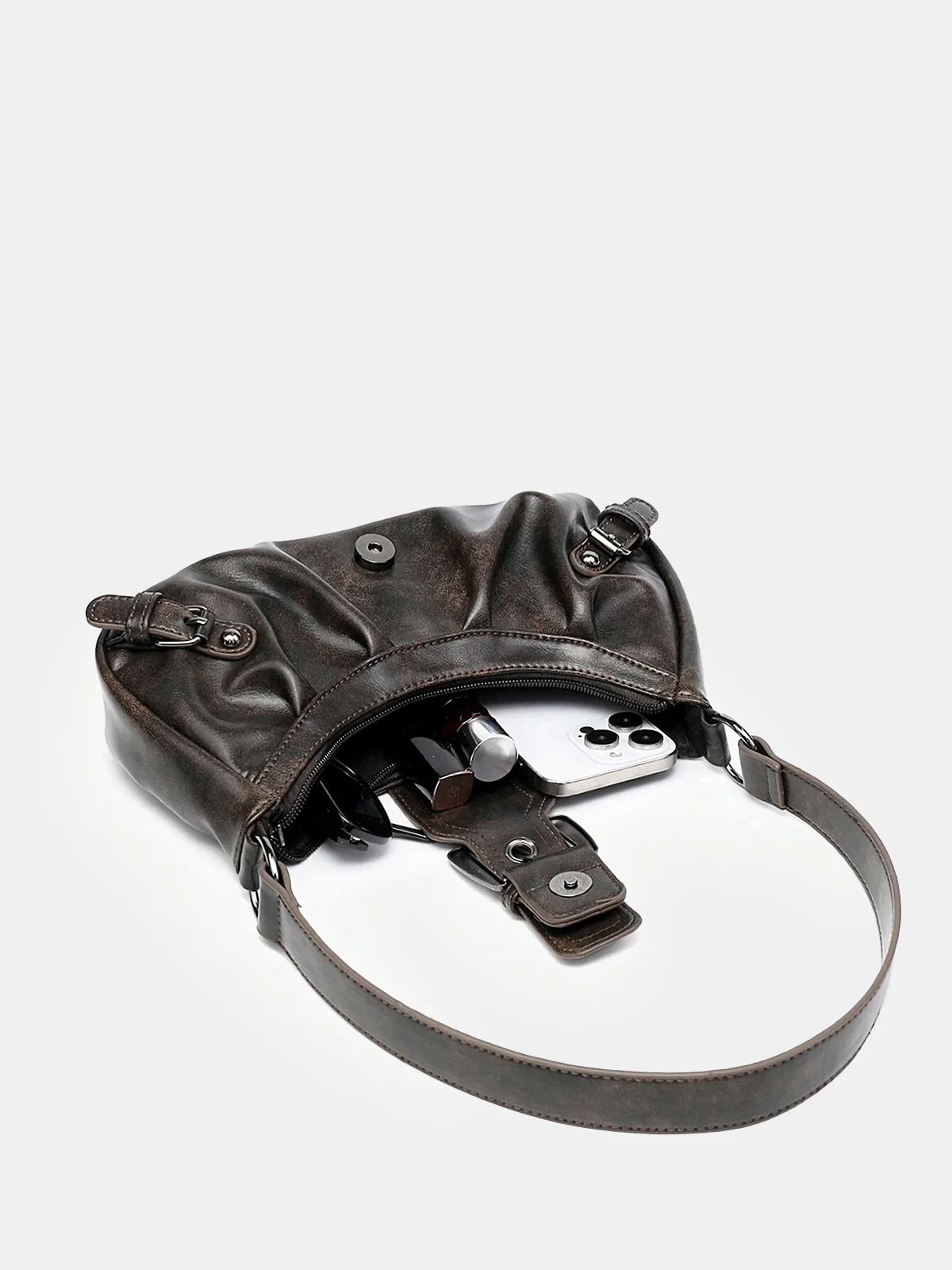 Vintage Faux Leather Buckle-Accent Hobo Bag - Image 5