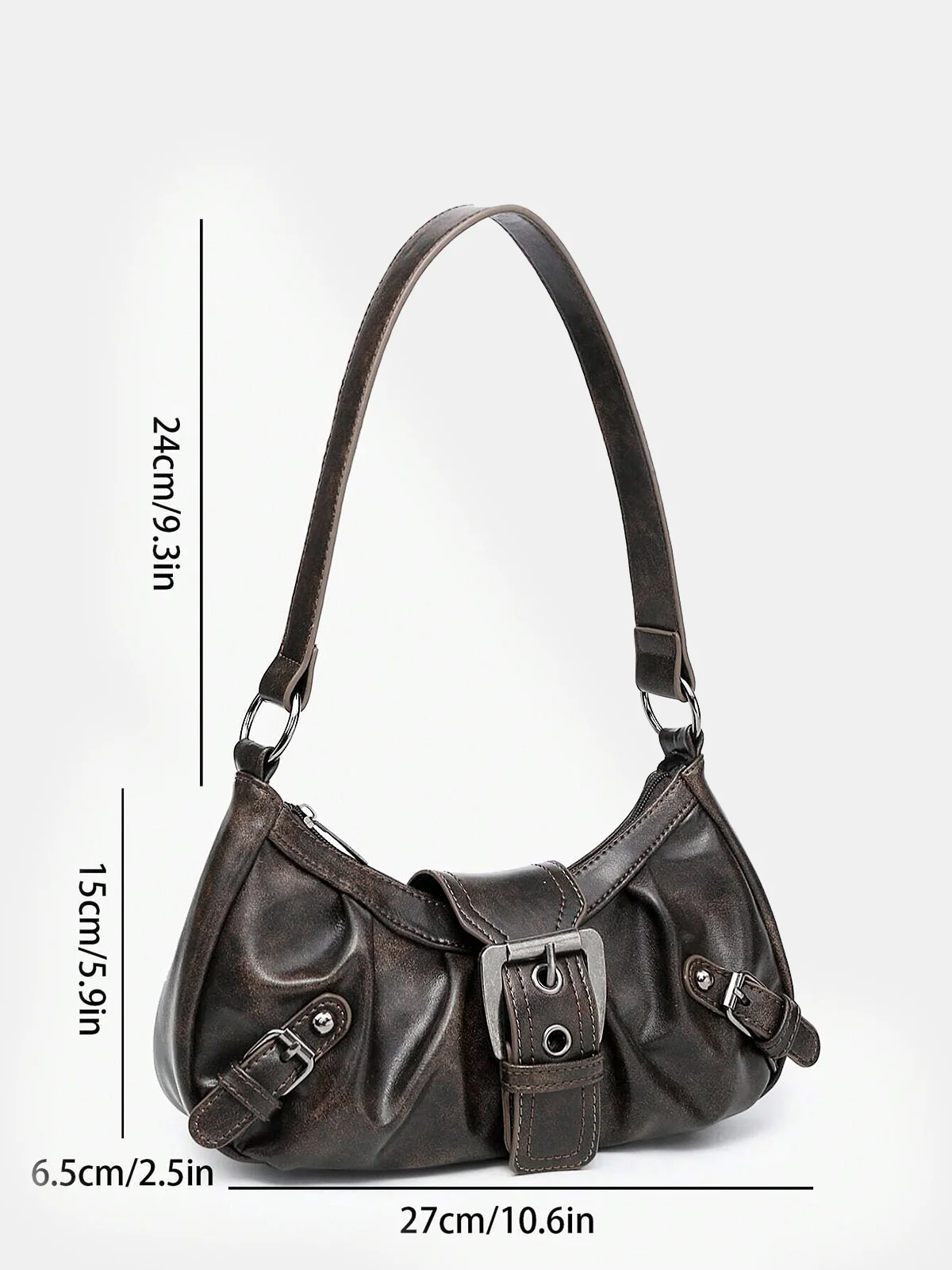 Vintage Faux Leather Buckle-Accent Hobo Bag - Image 6