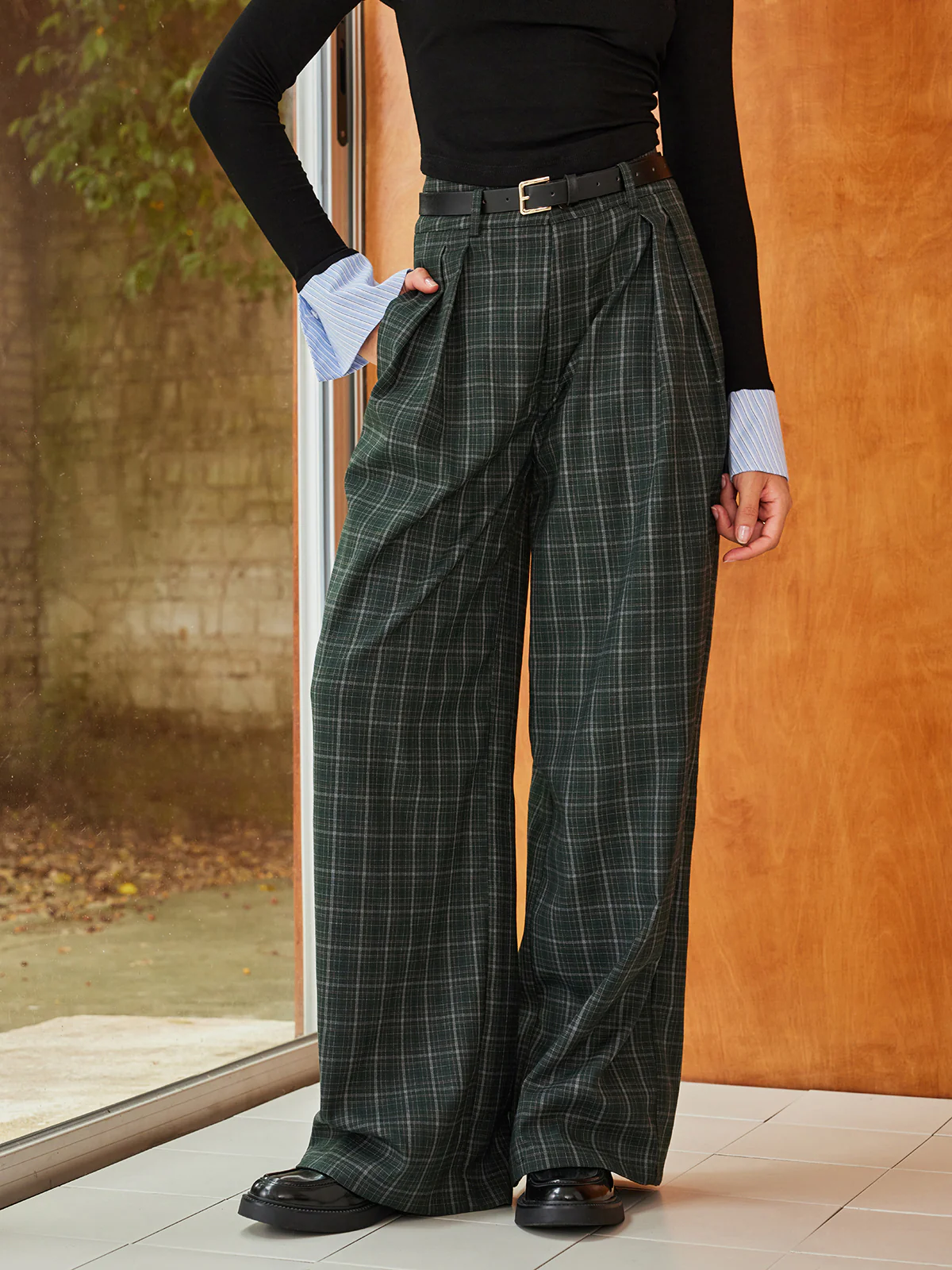 Vintage Plaid Belted Wide-Leg Pants - Image 2
