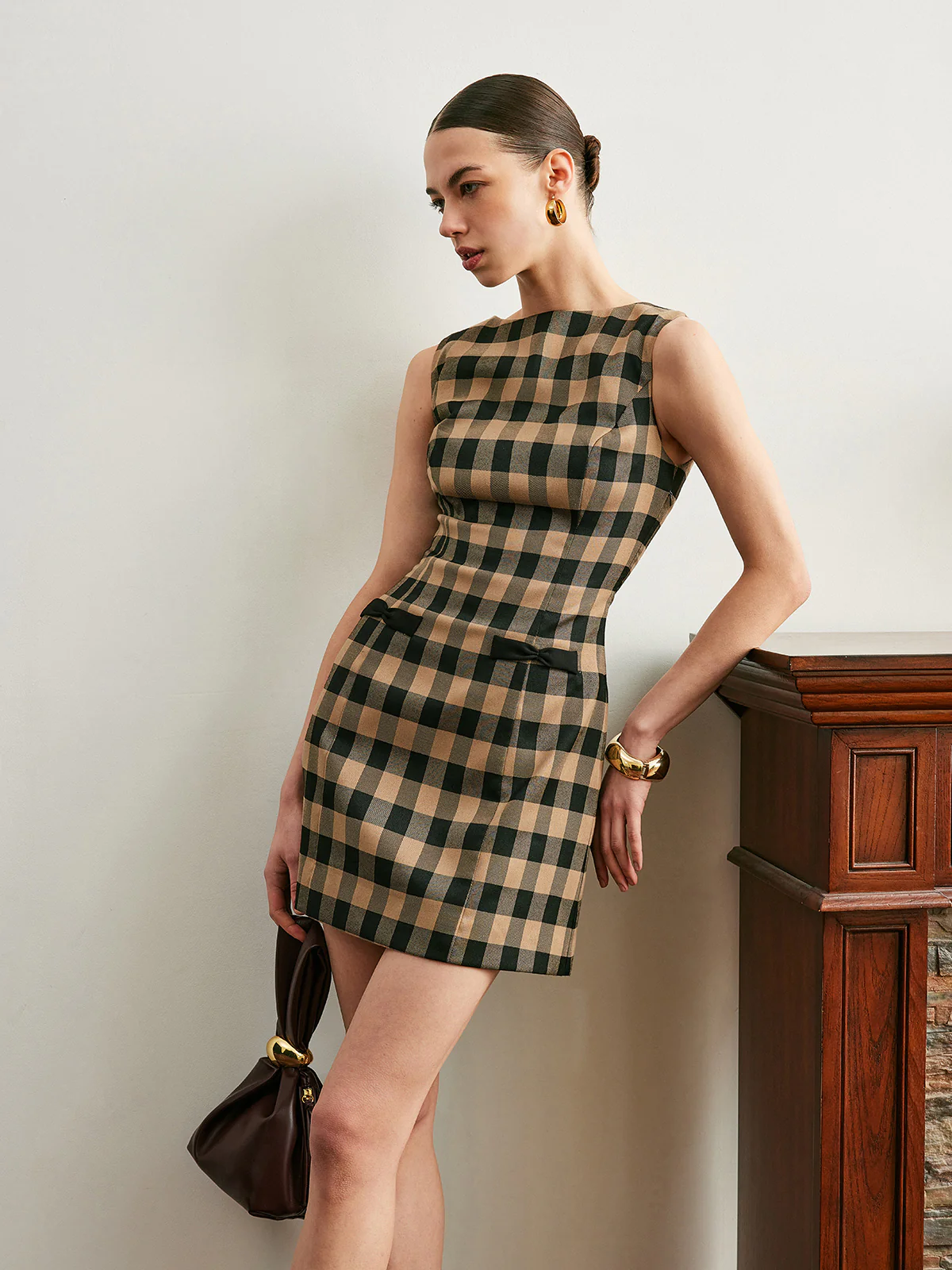 Vintage Plaid Sleeveless Bow Dress