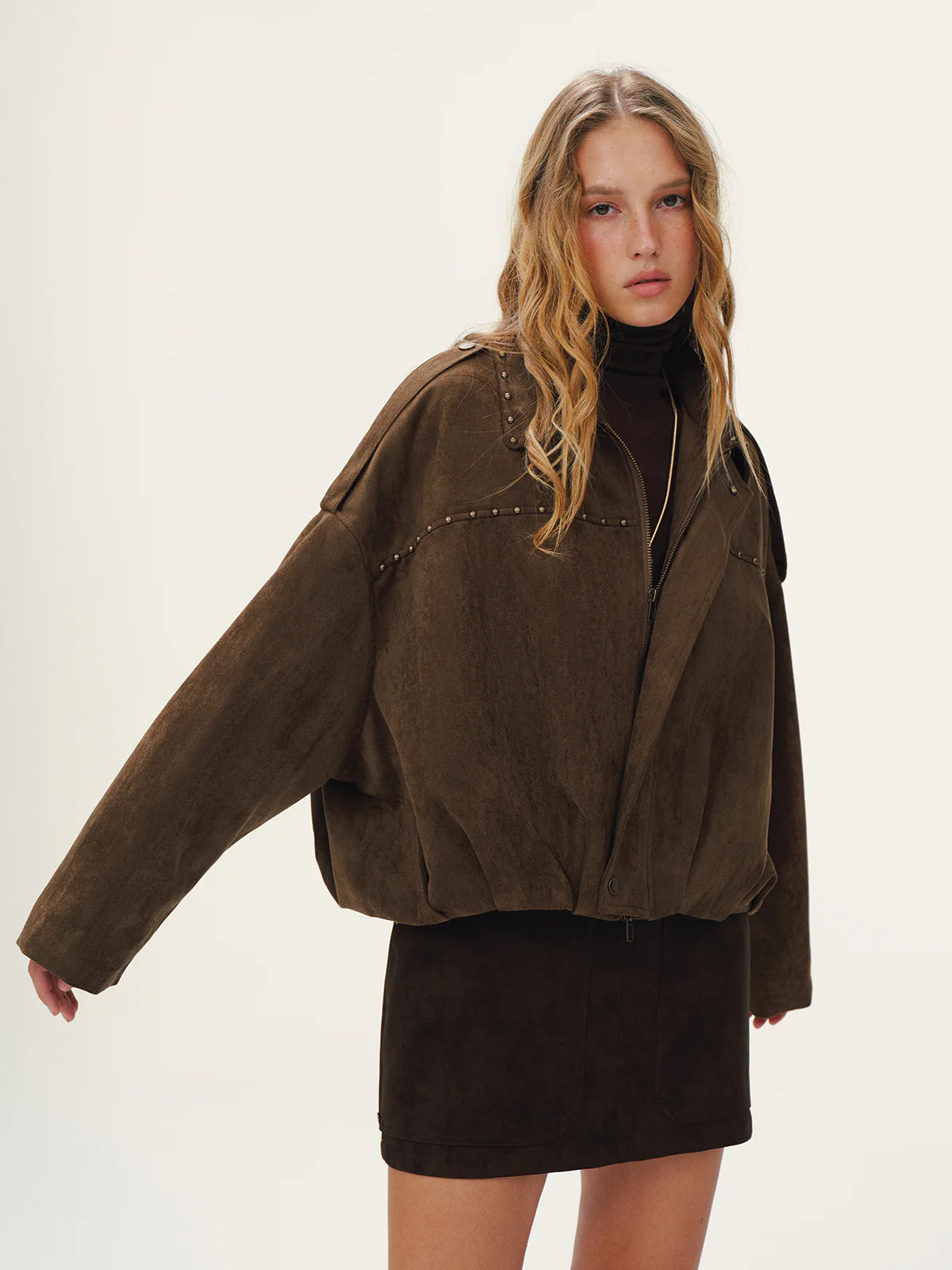 Vintage Suede Effect Studded Bomber Jacket - Image 2