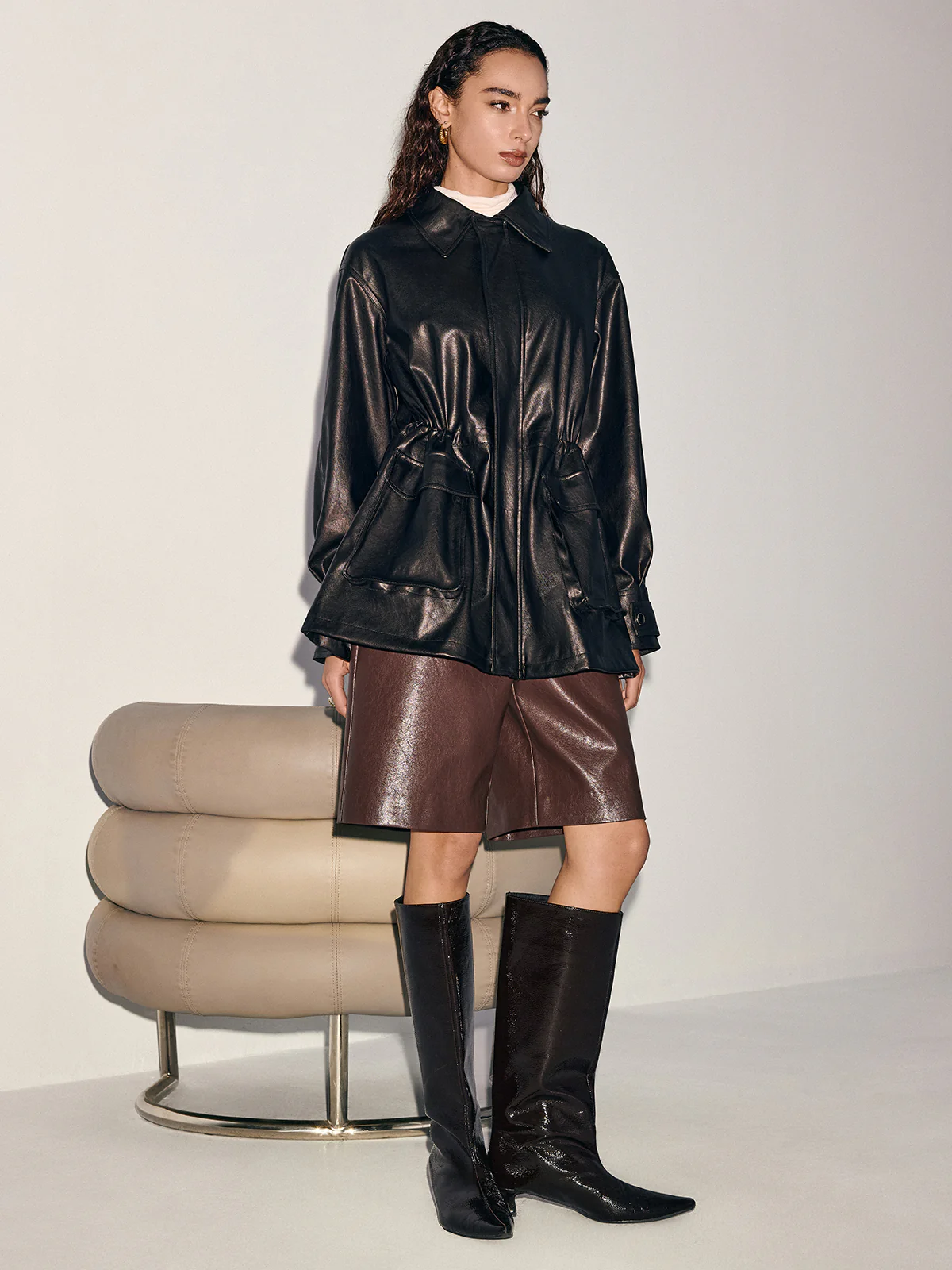 Waist-Cinched Faux Leather Overshirt Coat - Image 2