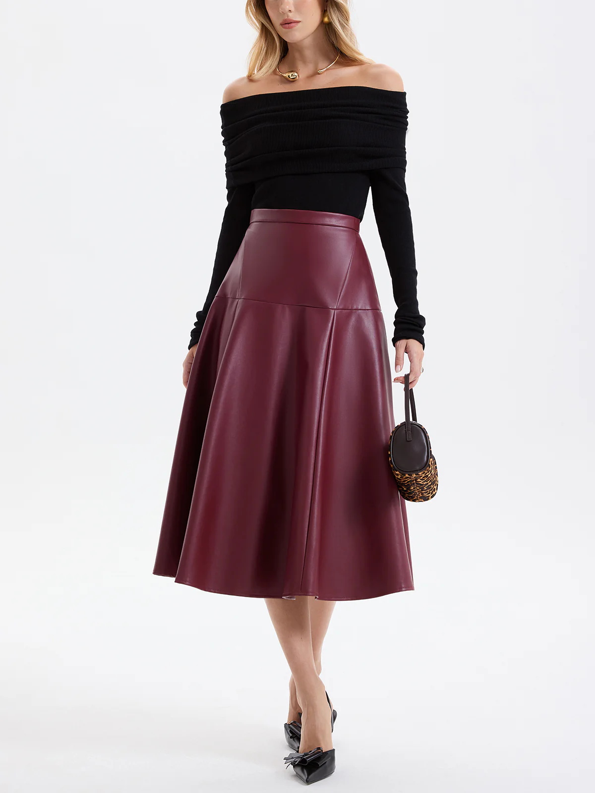 Wave Hem Faux Leather Midi Skirt - Image 3