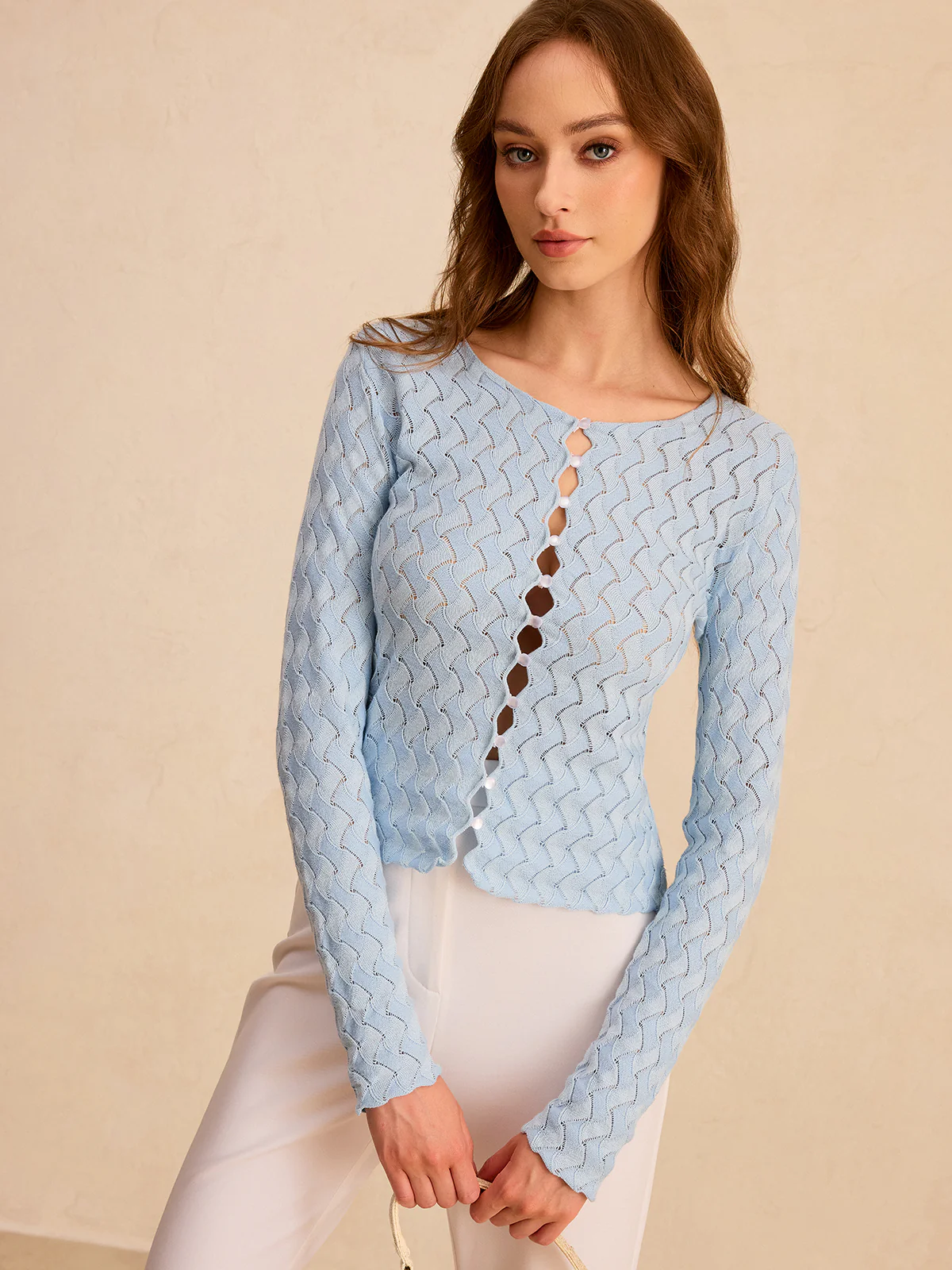 Wave Patterned Button Knit Cardigan - Image 2