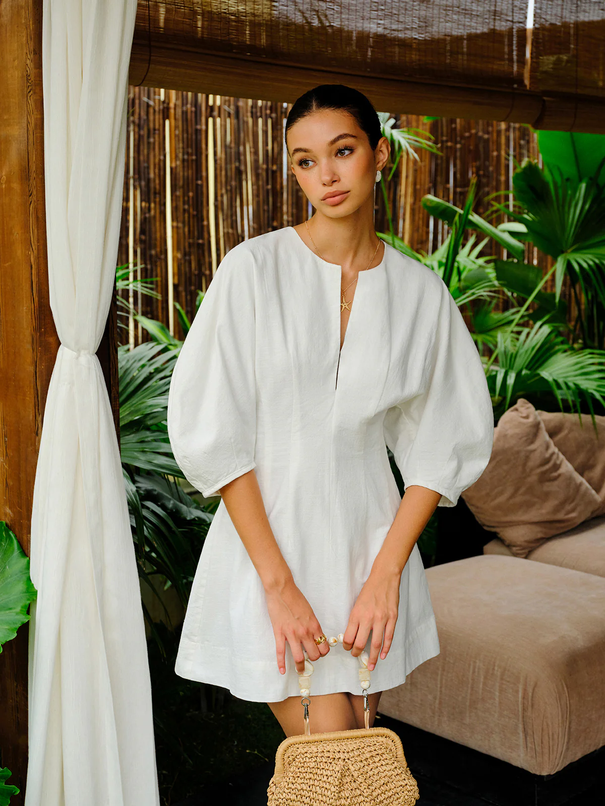 Cotton-Linen Blend V-Neck Puff Sleeve Dress - Image 4