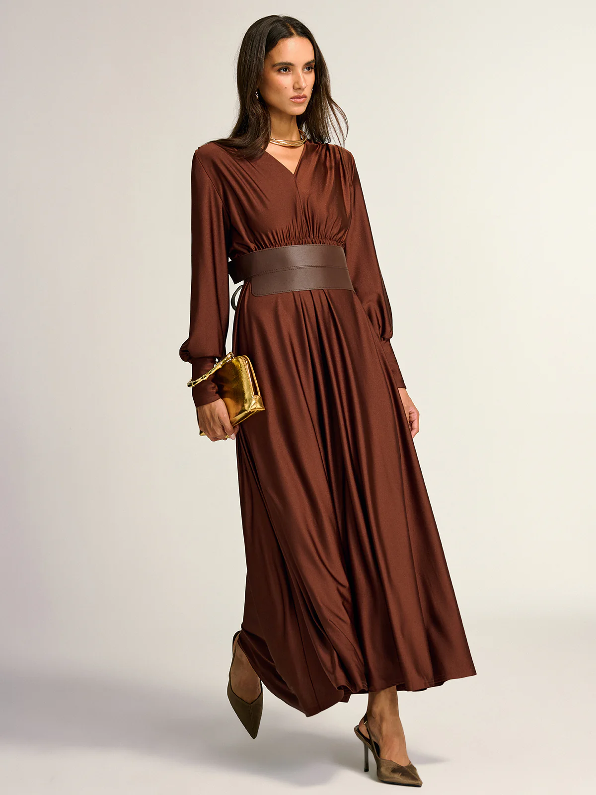 Wide Belted Long Sleeve V-Neck Maxi Dress