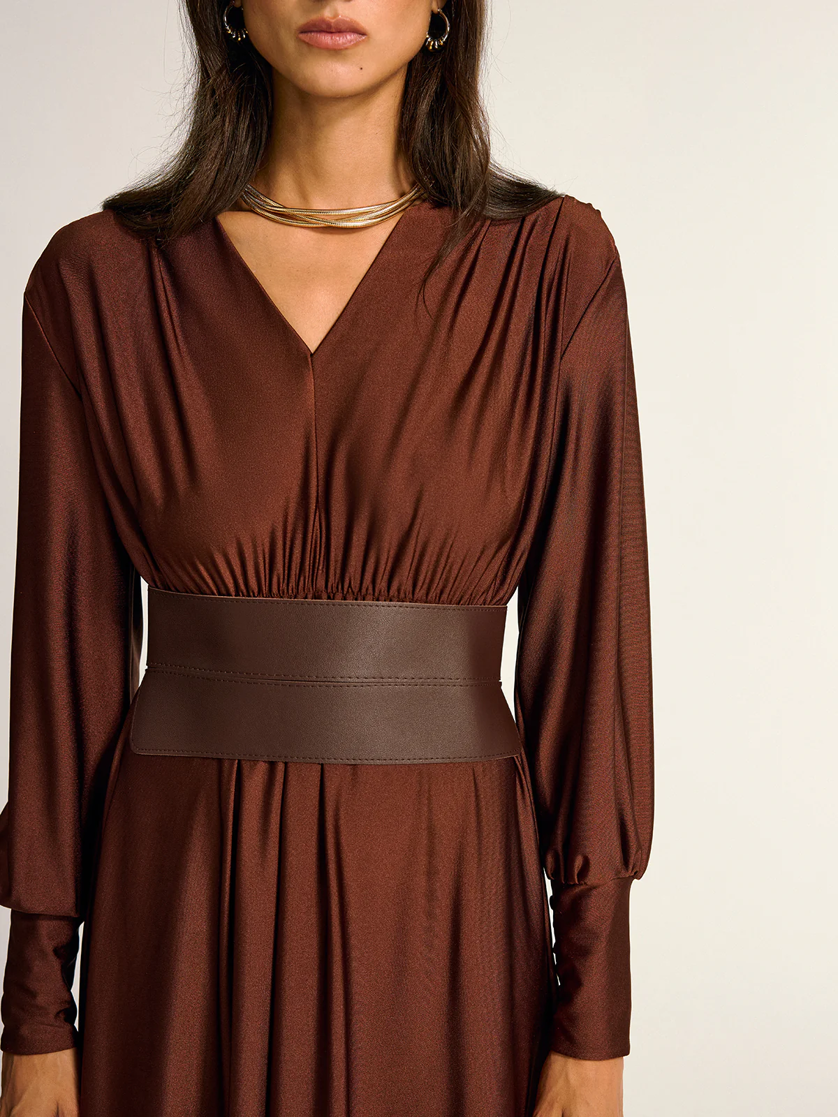 Wide Belted Long Sleeve V-Neck Maxi Dress - Image 3