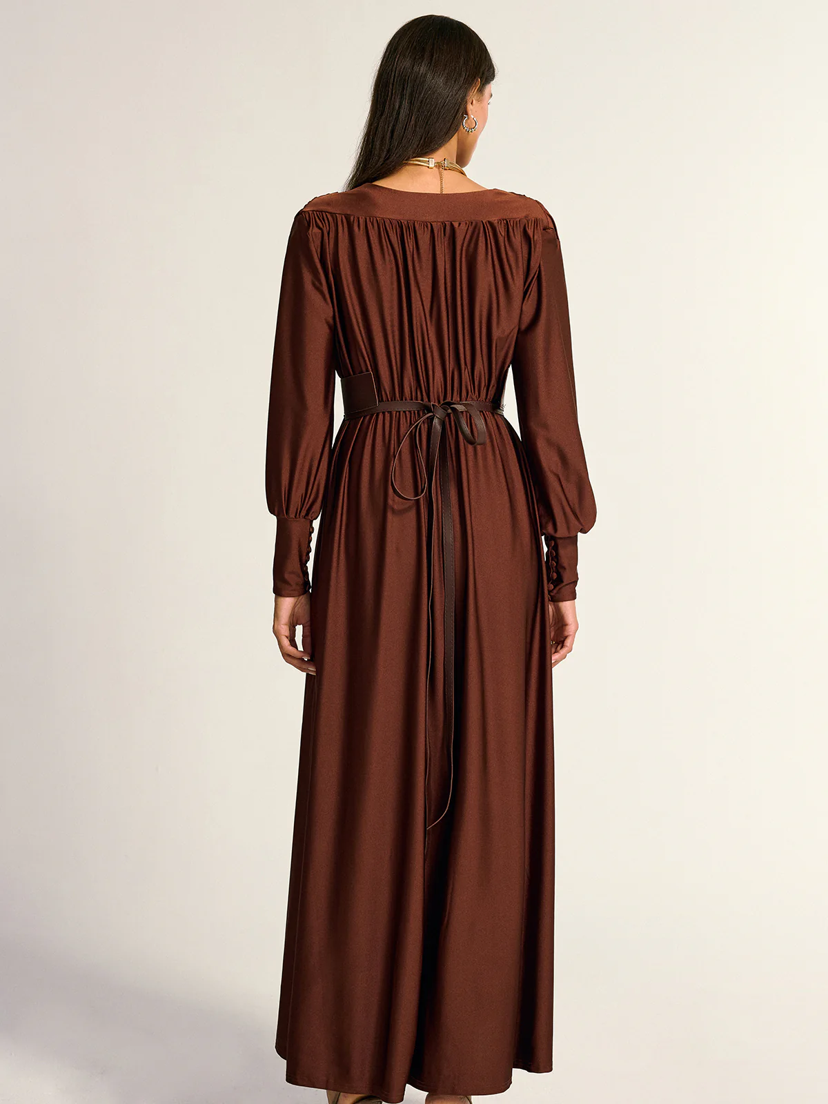 Wide Belted Long Sleeve V-Neck Maxi Dress - Image 6