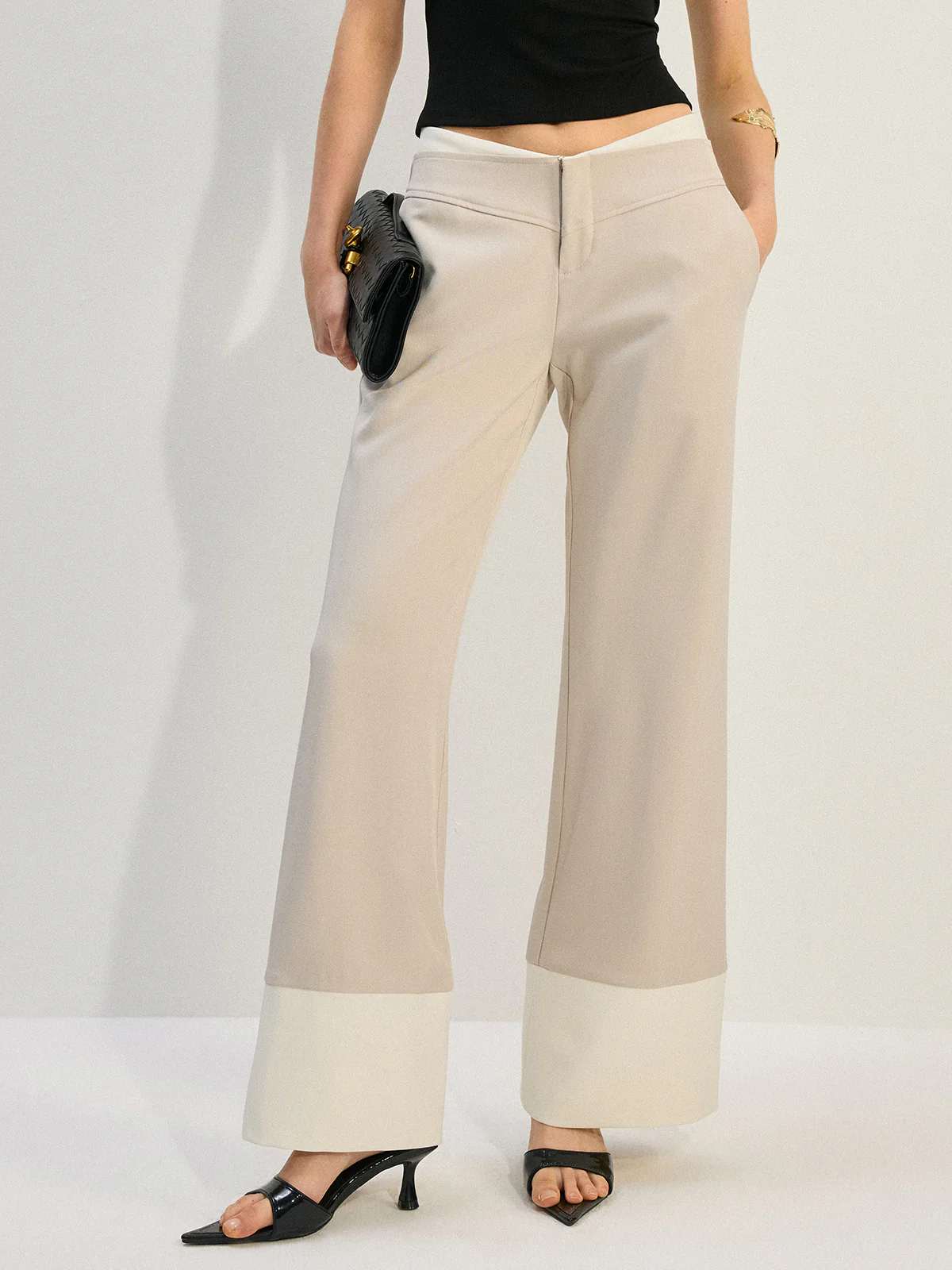 Wide-Leg Low-Waist Pants with Colorblock Hem - Image 2