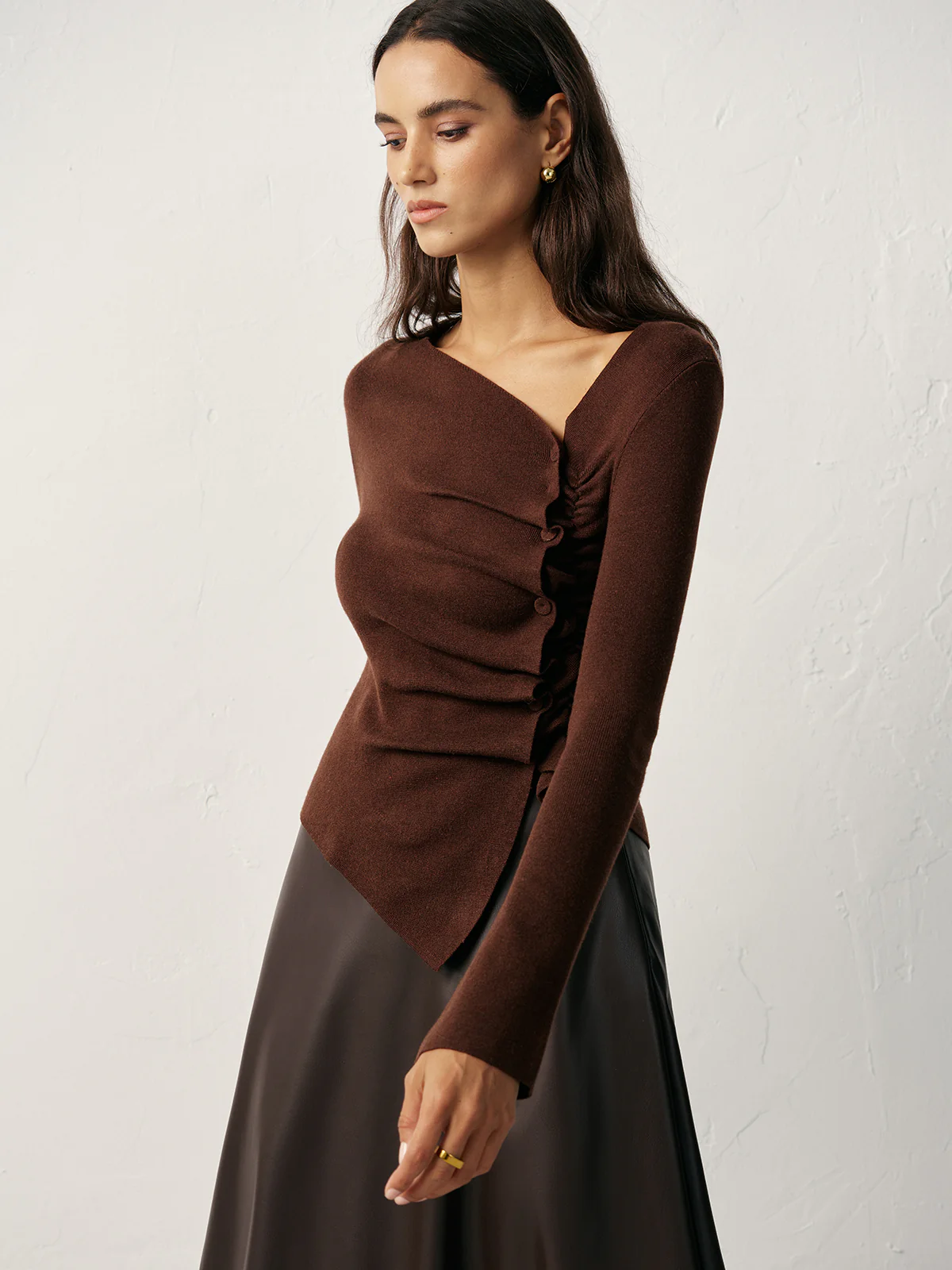 Wool Blend Asymmetric Ruched Side-Button Cardigan - Image 3