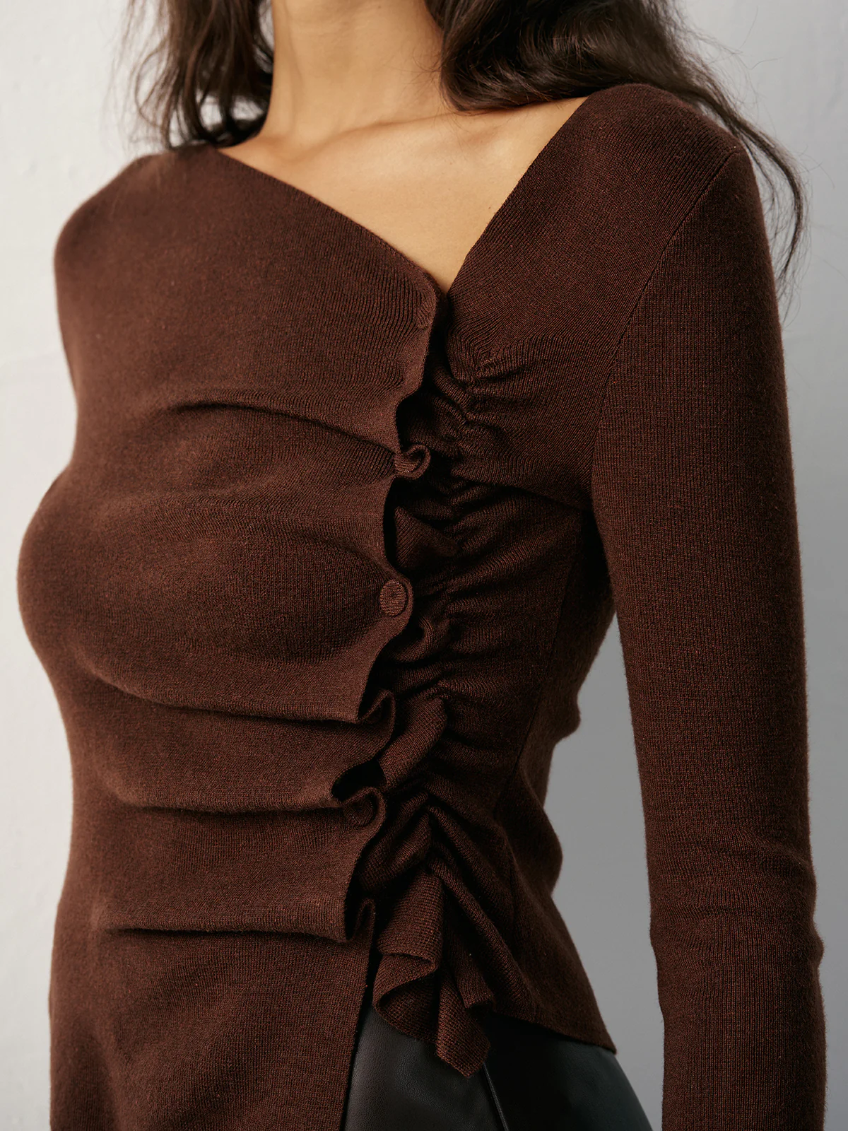 Wool Blend Asymmetric Ruched Side-Button Cardigan - Image 5