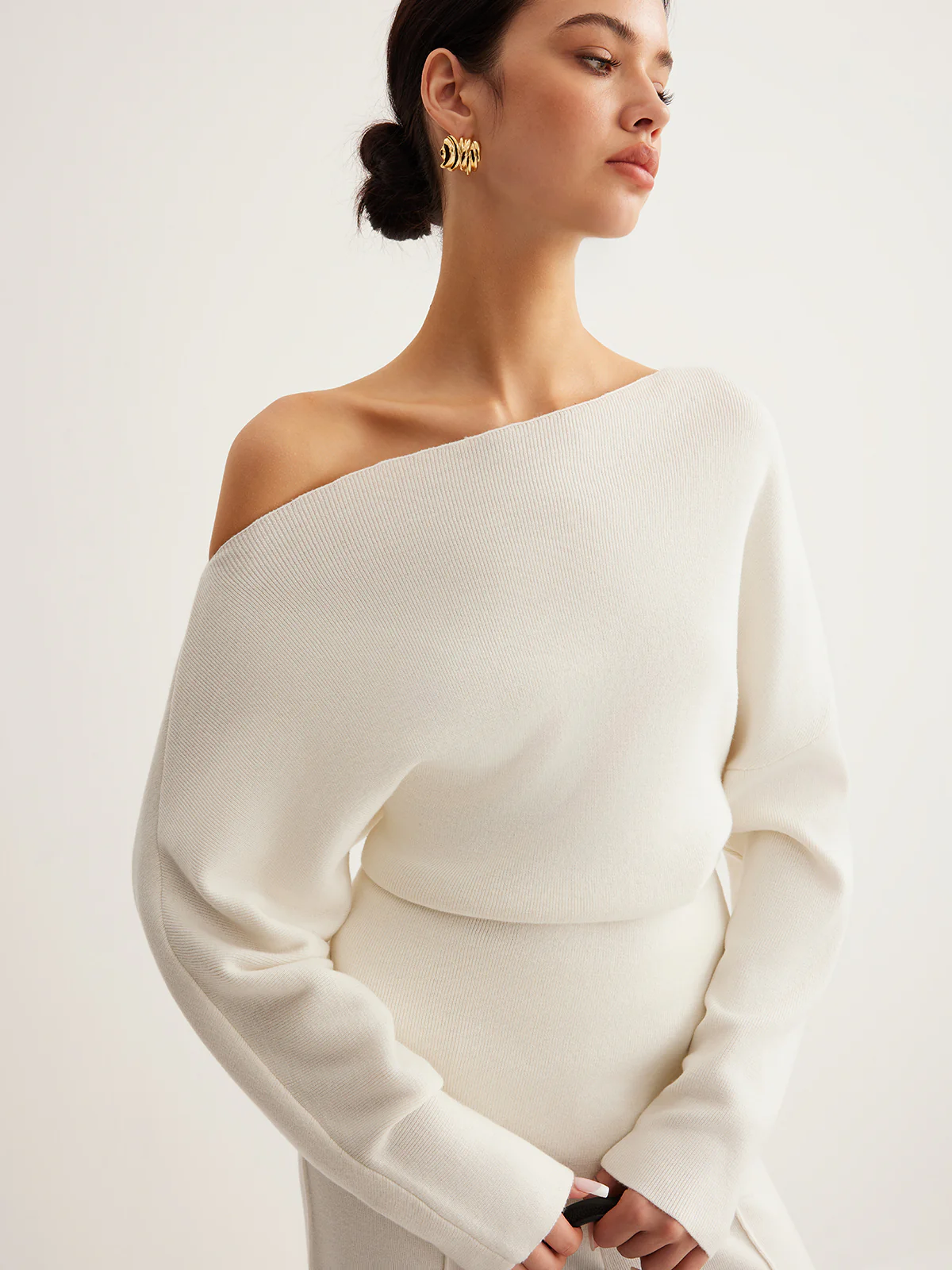 Wool-Blend Asymmetrical Neck Knit Top - Image 2