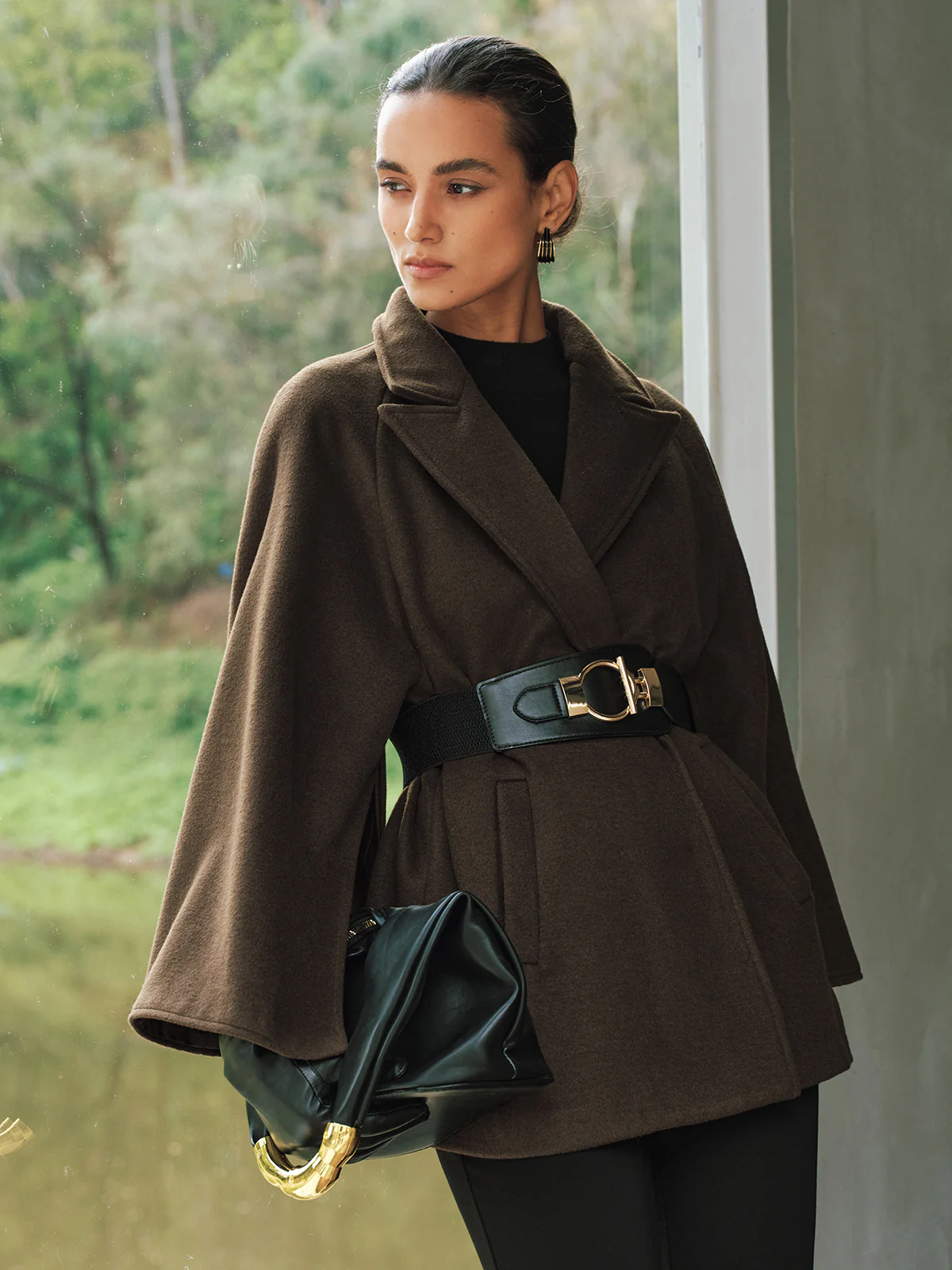 Wool-Blend Belted Capelet Coat - Image 2