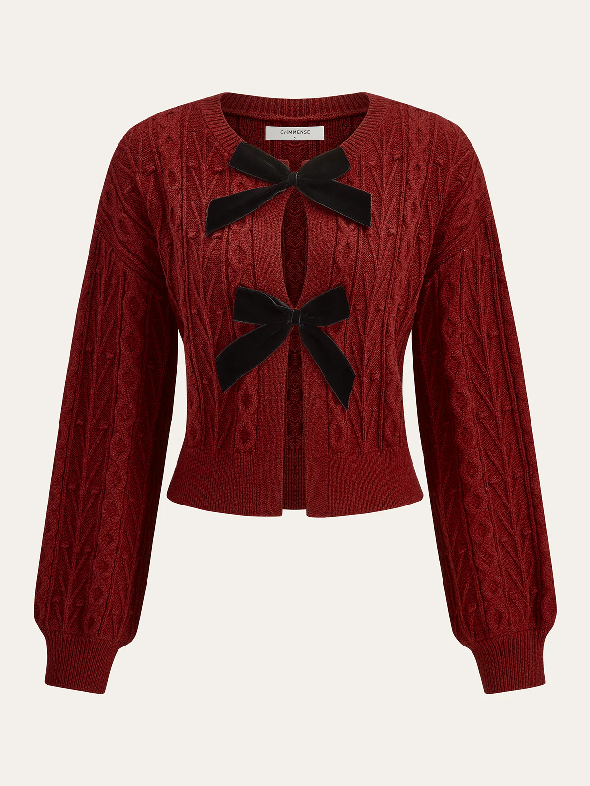 Wool Blend Bow Cable-Knit Cardigan
