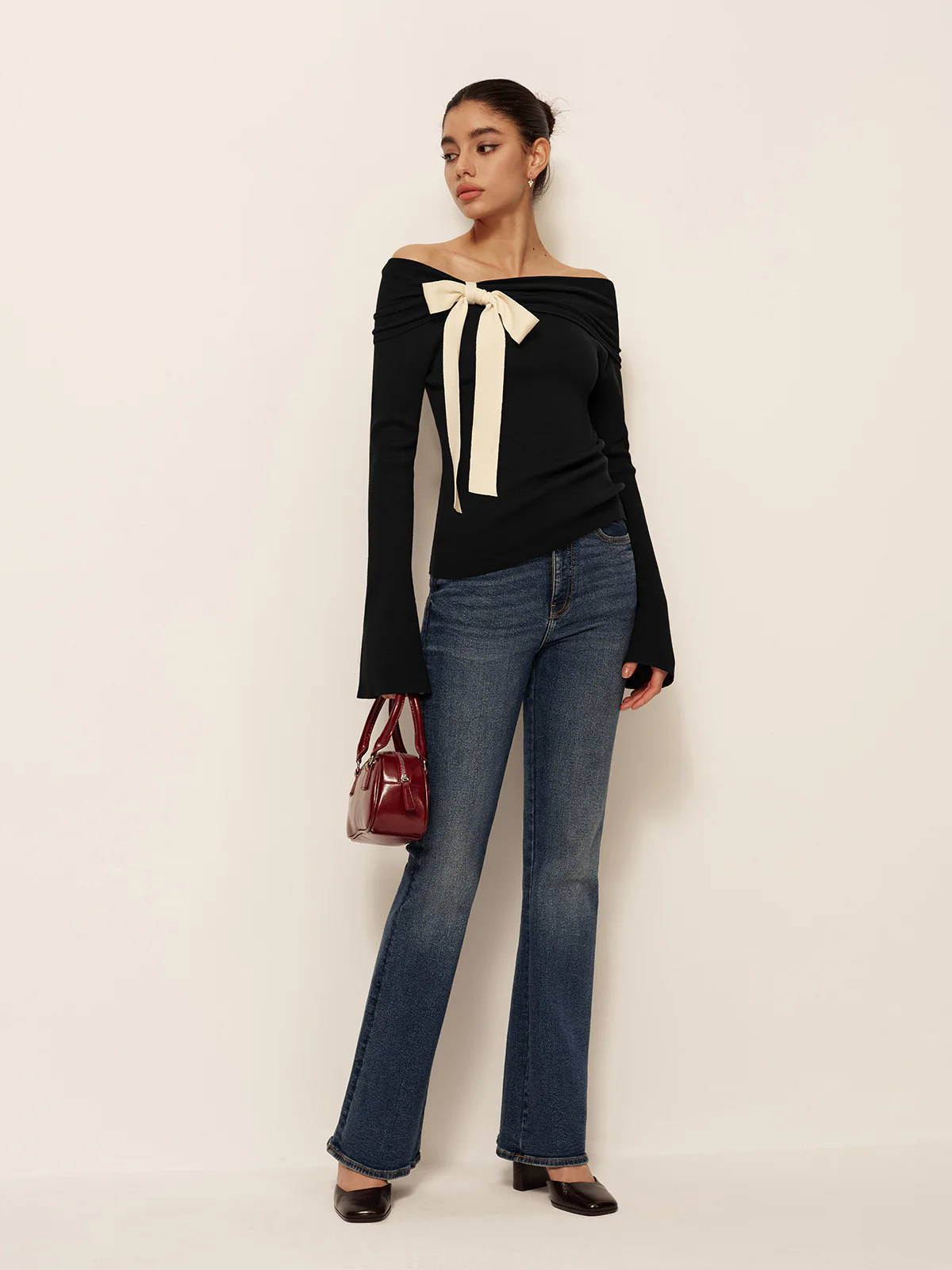 Wool-Blend Bow-Decor Bell Sleeve Knit Top - Image 4