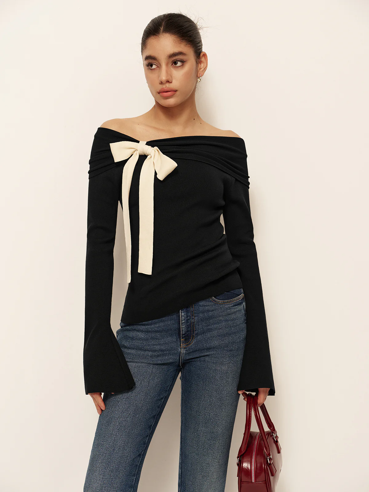 Wool-Blend Bow-Decor Bell Sleeve Knit Top - Image 5